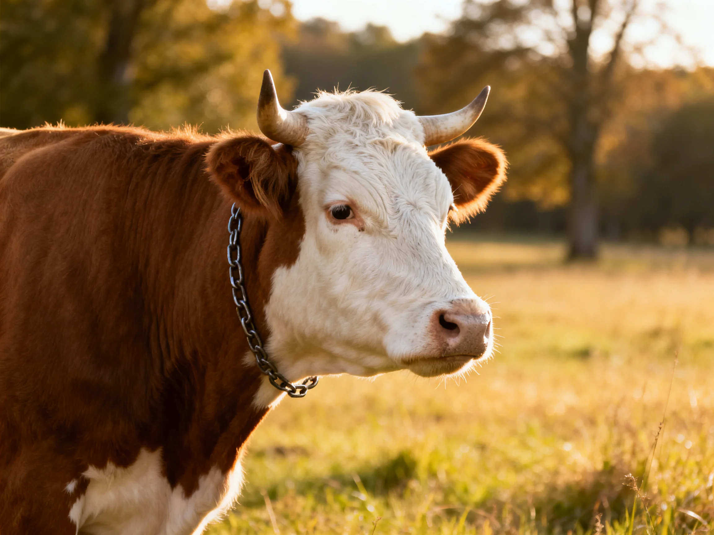 A brown and white horned cow with a metal collar in a sunlit field