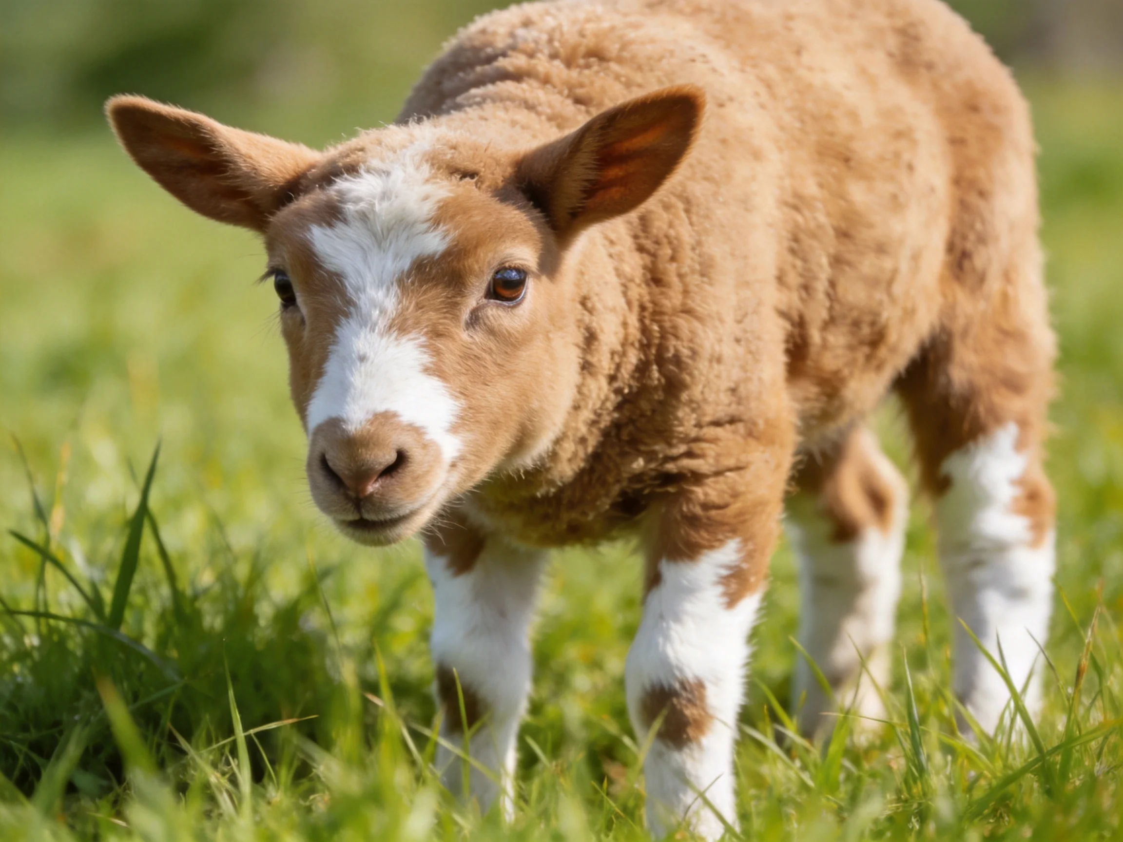 A brown and white lamb stands in a sunlit grassy meadow
