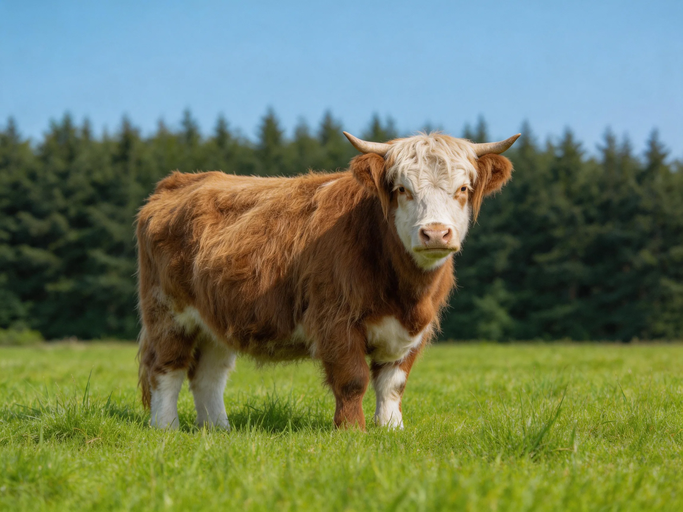 A brown and white long - haired cow stands in a green meadow