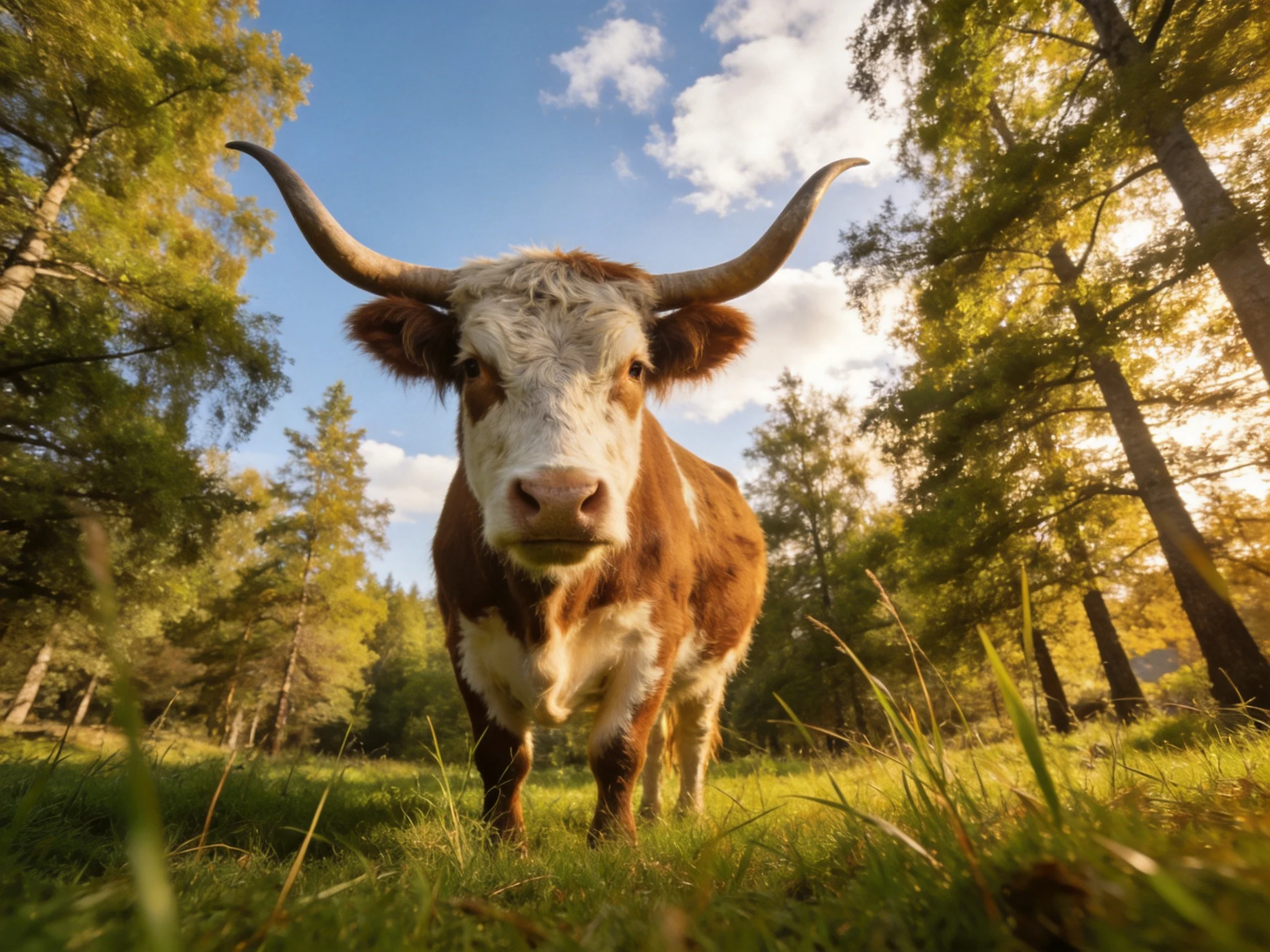 A brown and white long-horned cow in a sunlit forest clearing