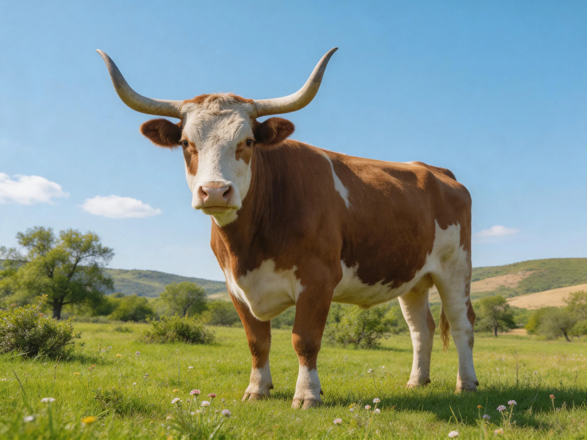 A brown and white long-horned cow in a sunny meadow