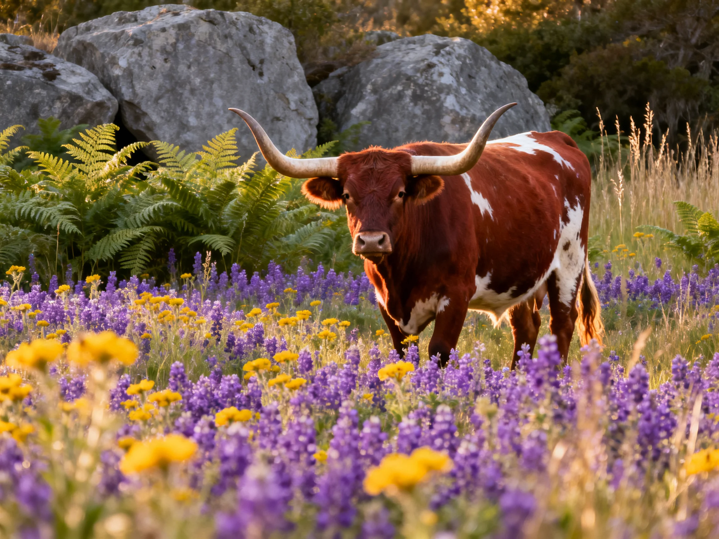 A brown and white longhorn bull in a field of purple and yellow wildflowers near large rocks