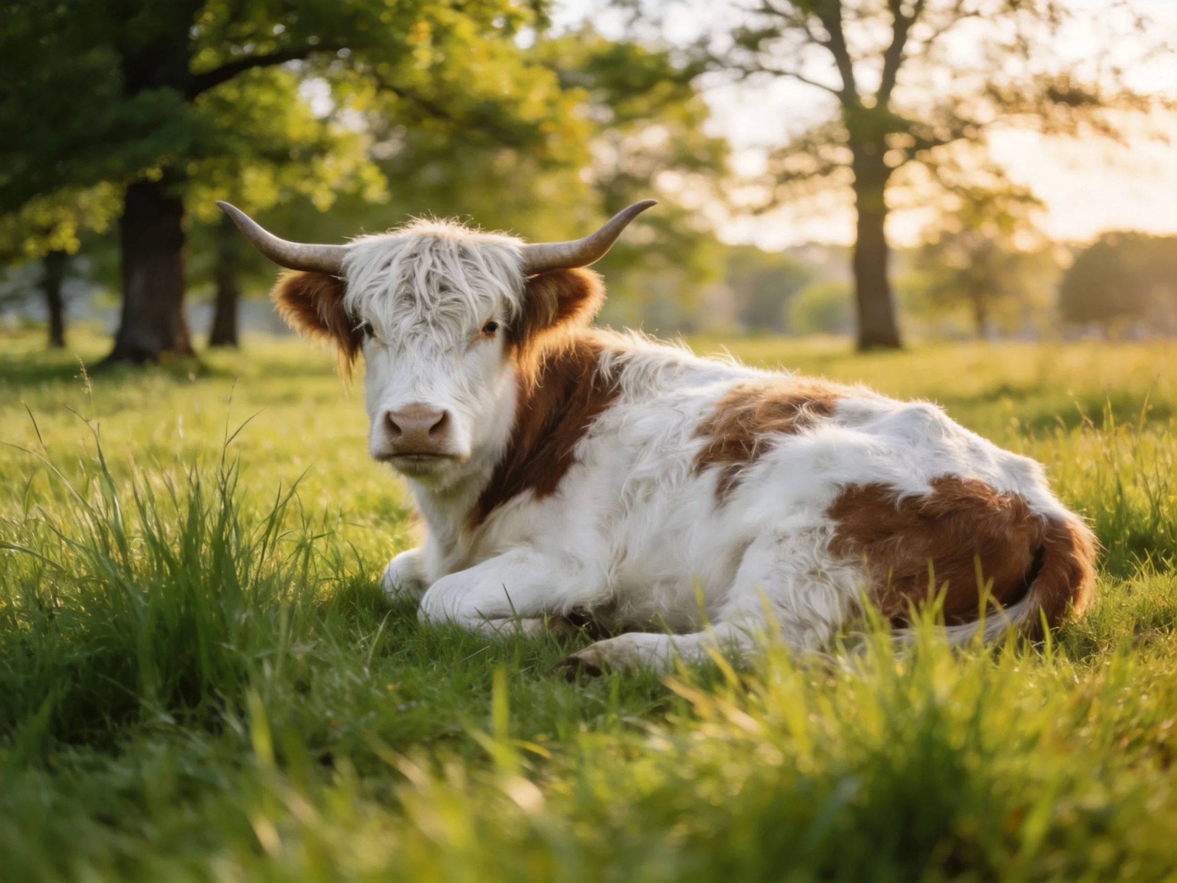 A brown and white longhorn calf rests in sunlit grassy meadow