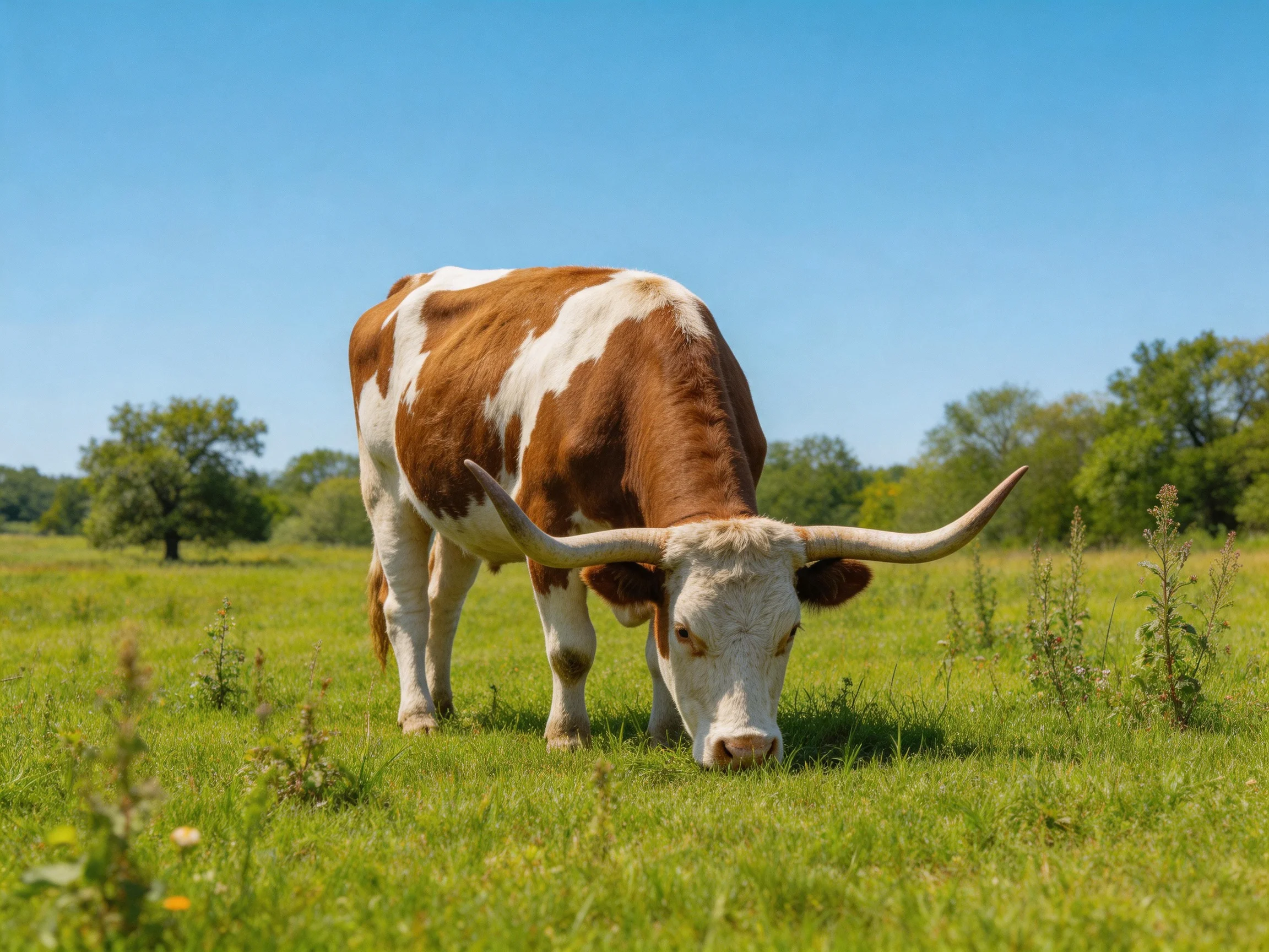 A longhorn cow with long horns grazes in a sunny pasture.