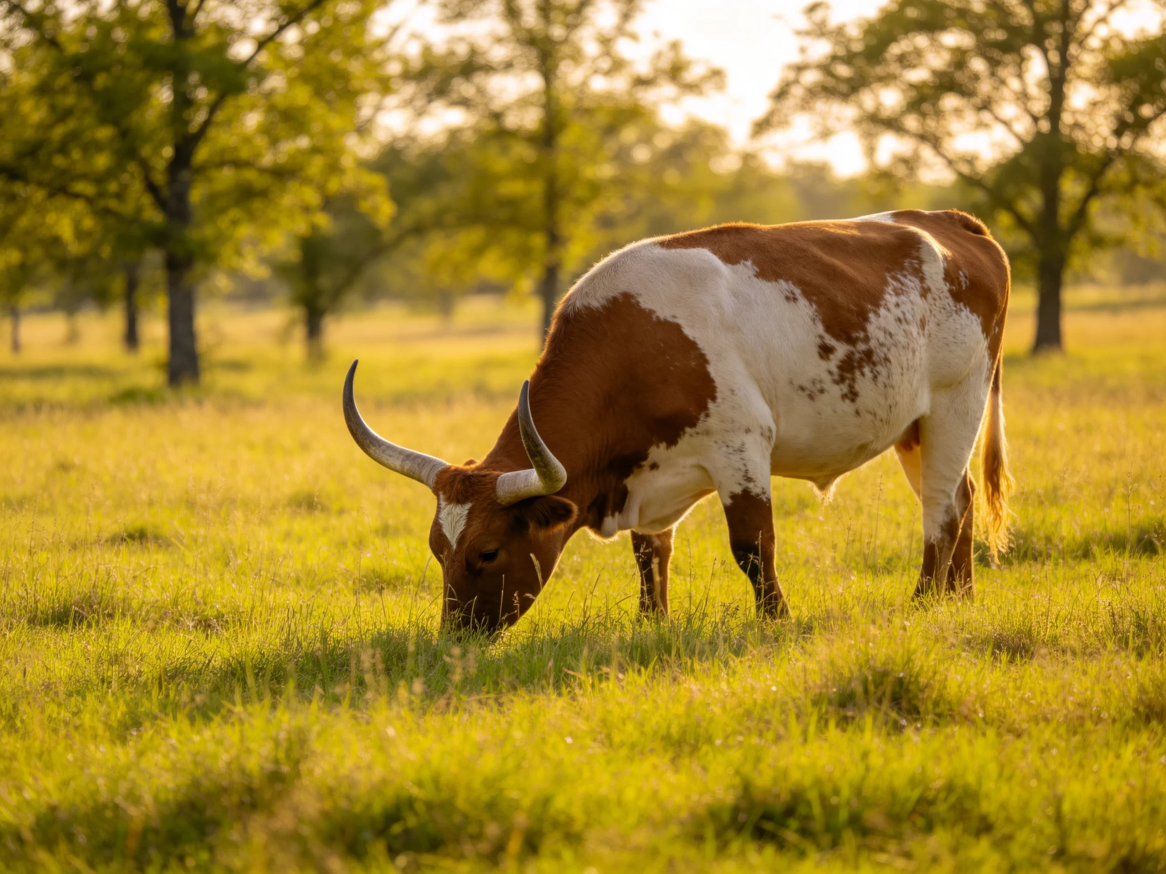 A brown and white longhorn cow grazes in a sunlit green pasture