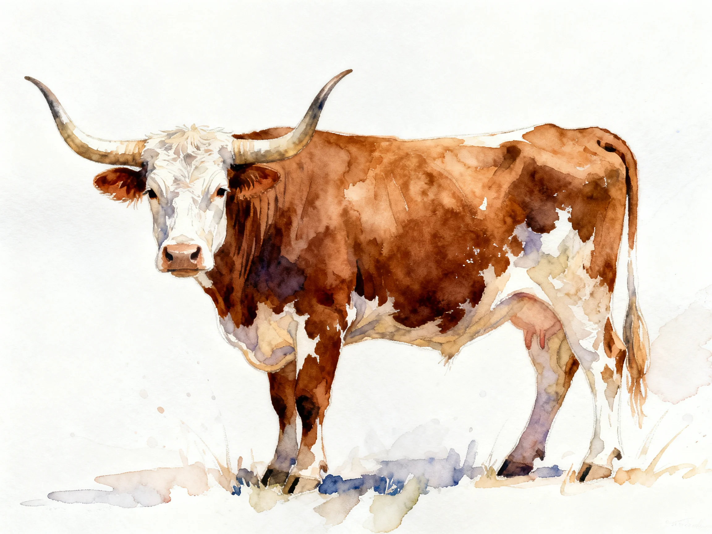 A brown and white longhorn cow stands against a plain backdrop.