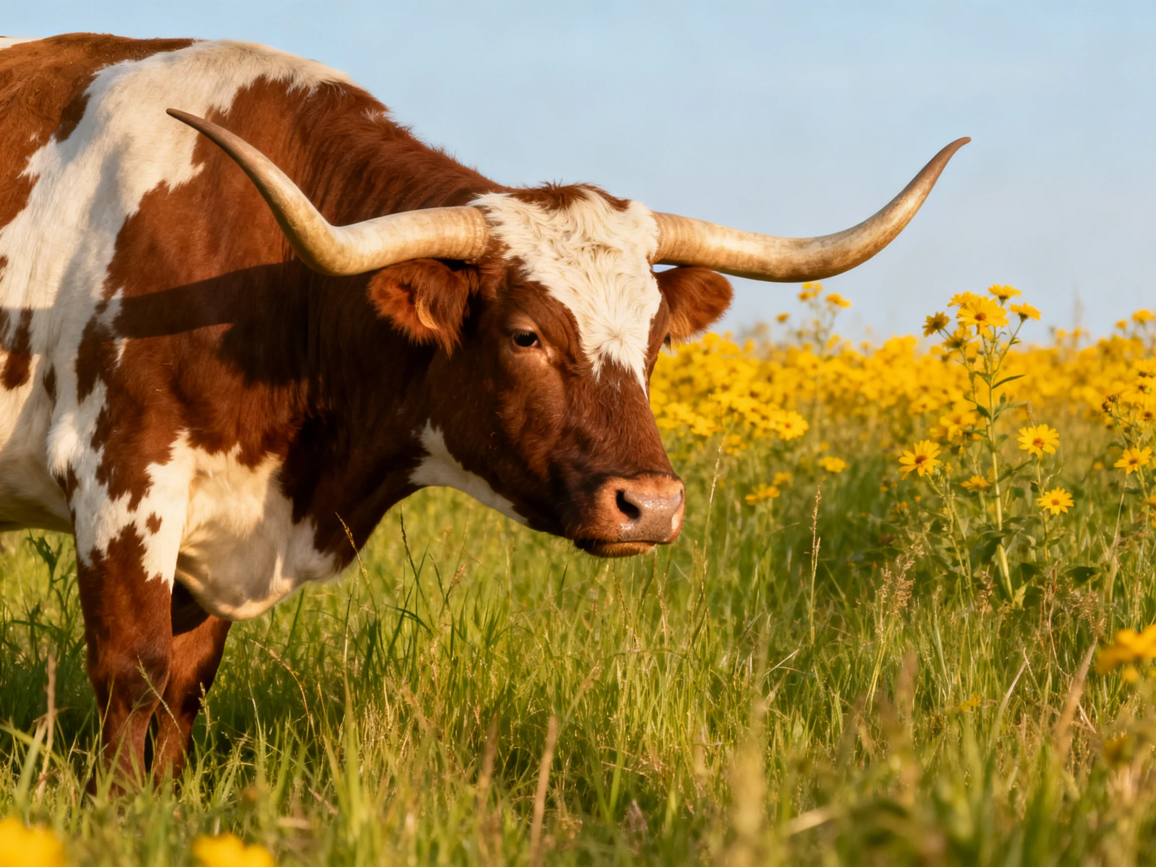 A brown and white longhorn cow stands among tall grass and yellow wildflowers.