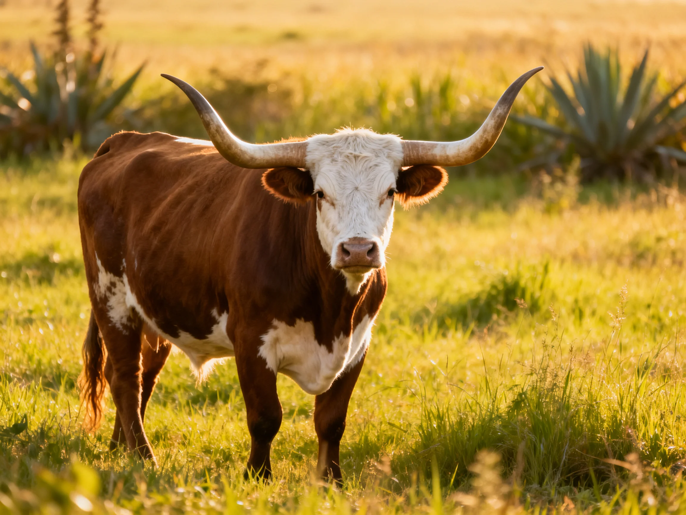 A brown and white longhorn cow in a sunlit grassy field
