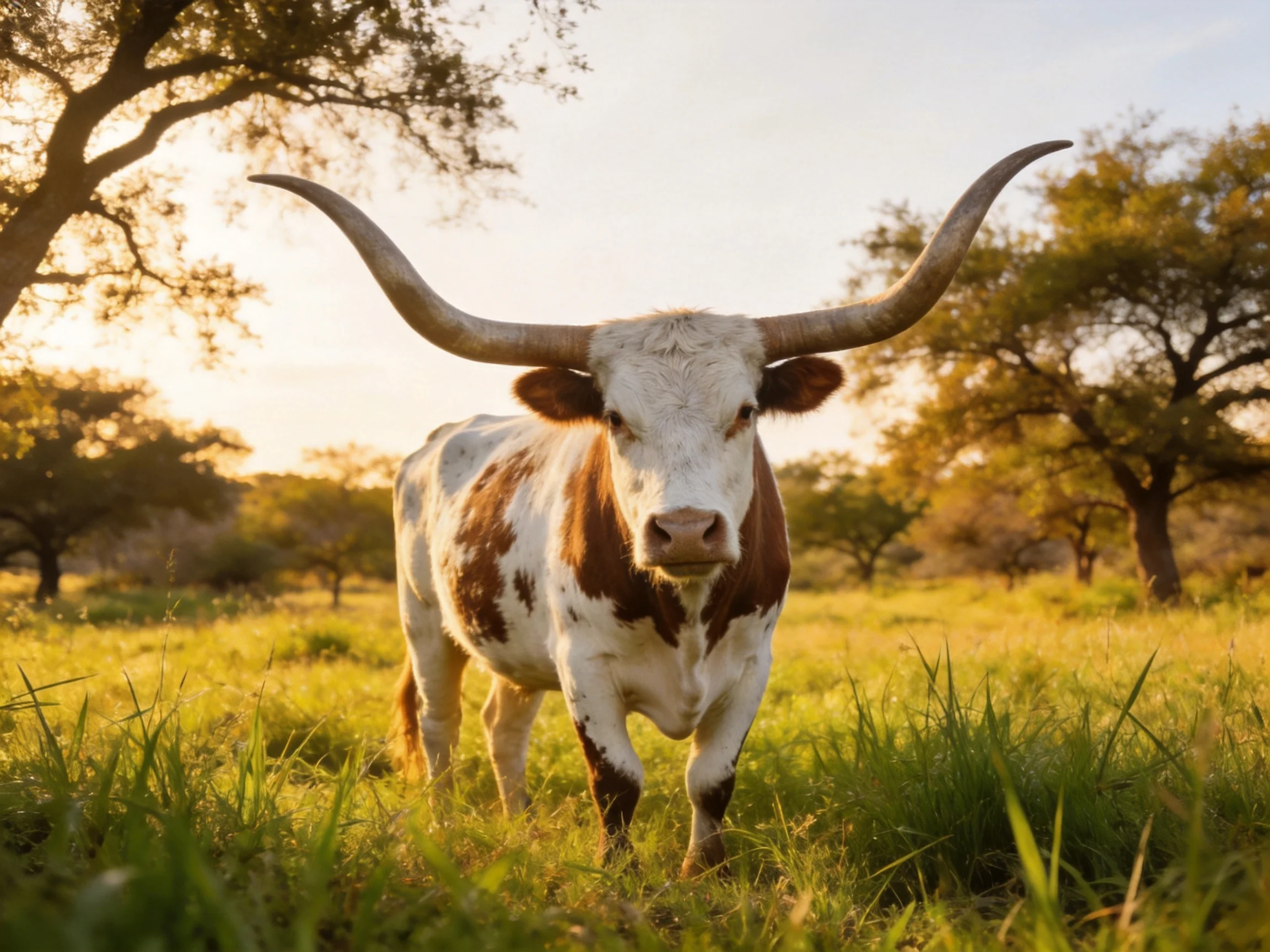 A brown-and-white longhorn cow stands in a sunlit grassy field with trees.