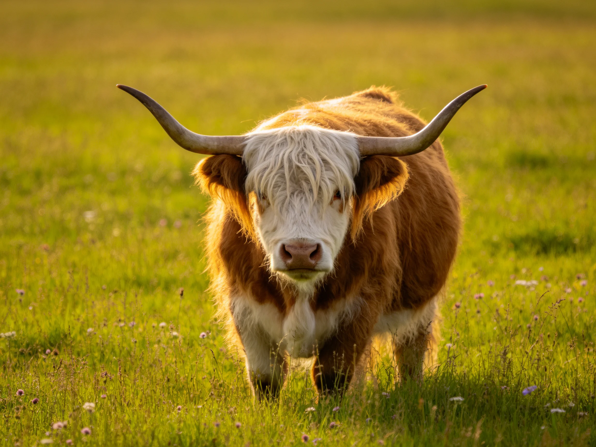 A brown and white longhorn cow in a sunlit green pasture