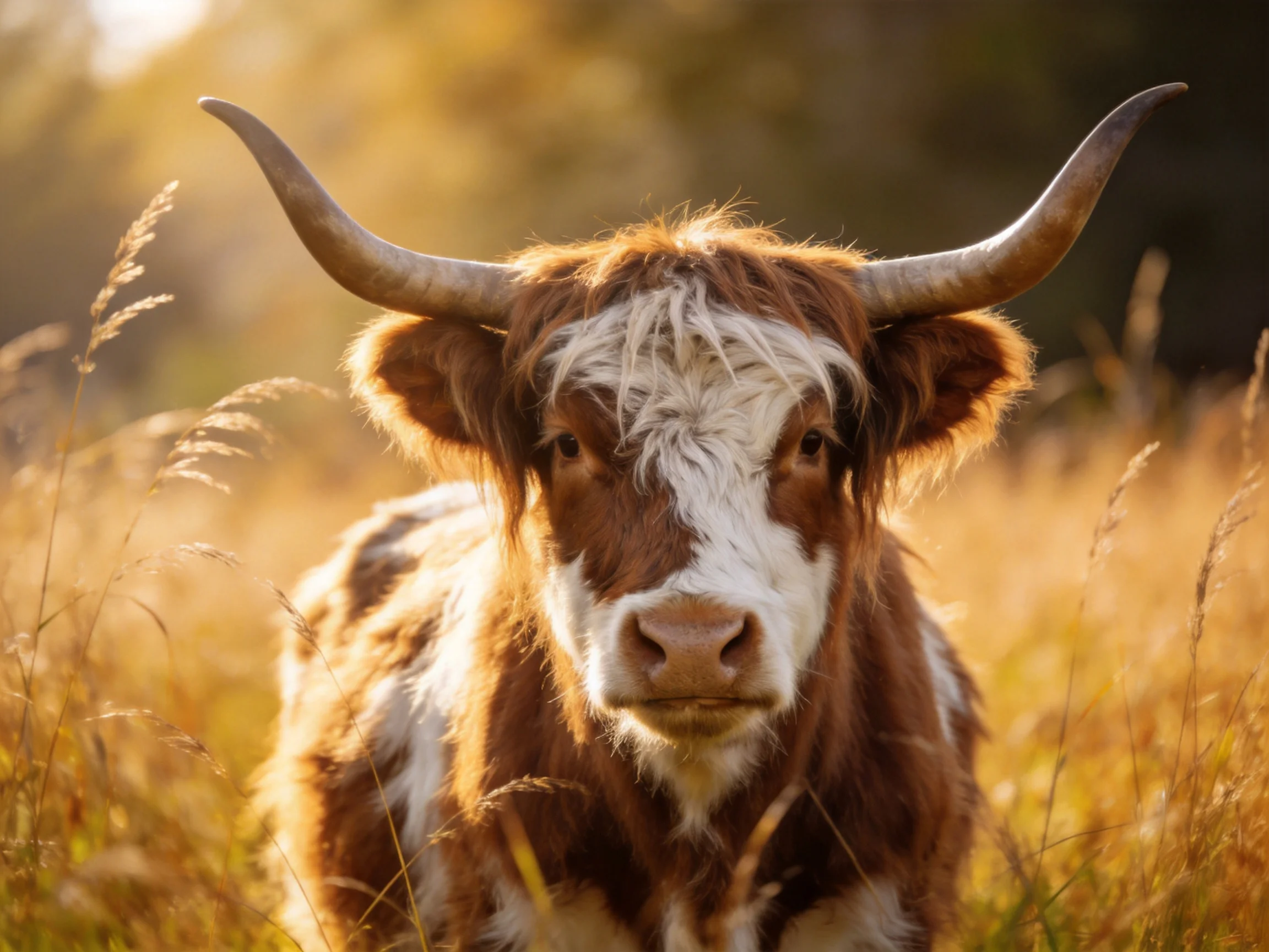 A brown and white longhorn cow stands among tall golden grasses in a sunlit field.