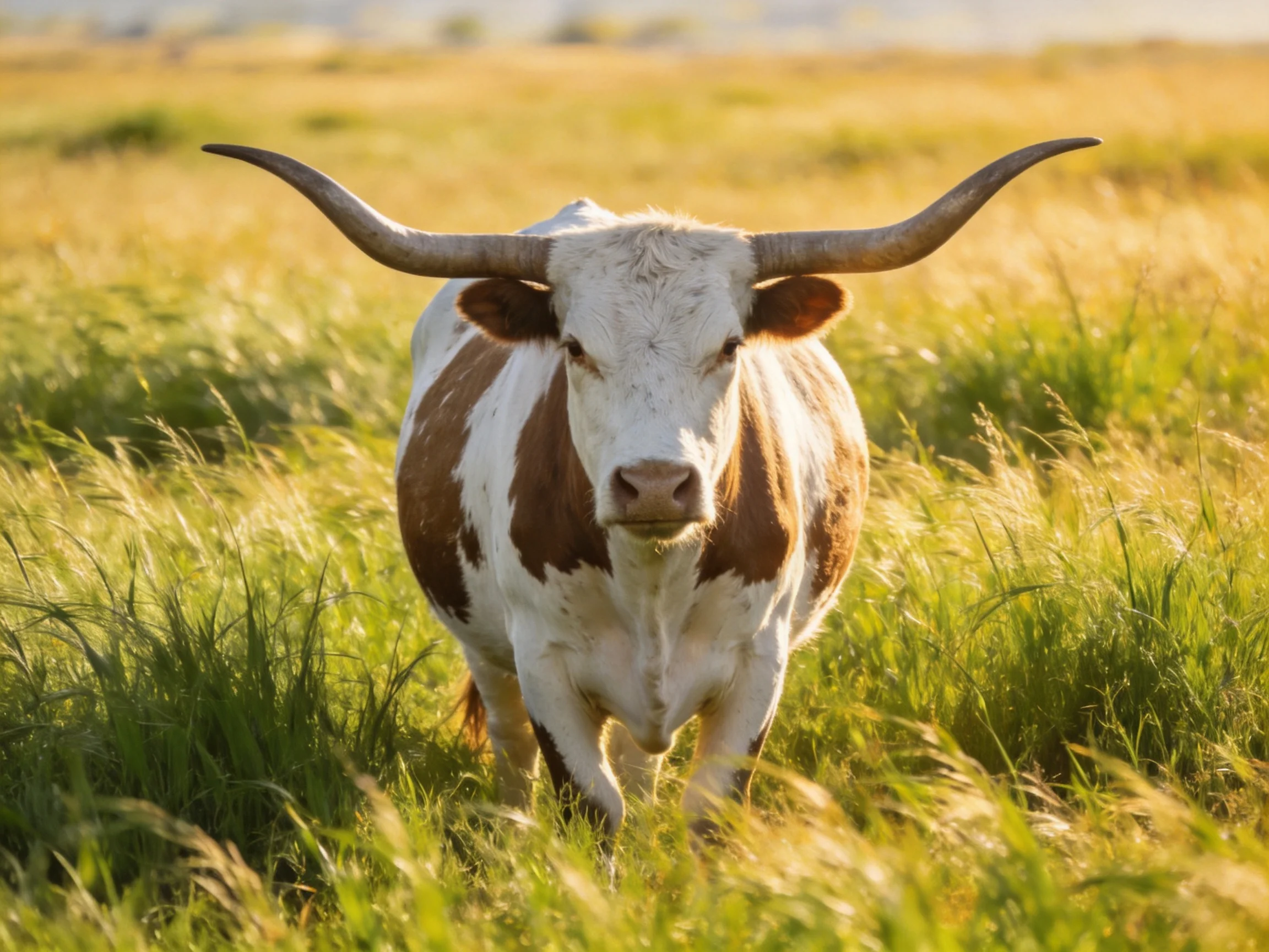 A brown-and-white longhorn cow in sunlit grassy fields