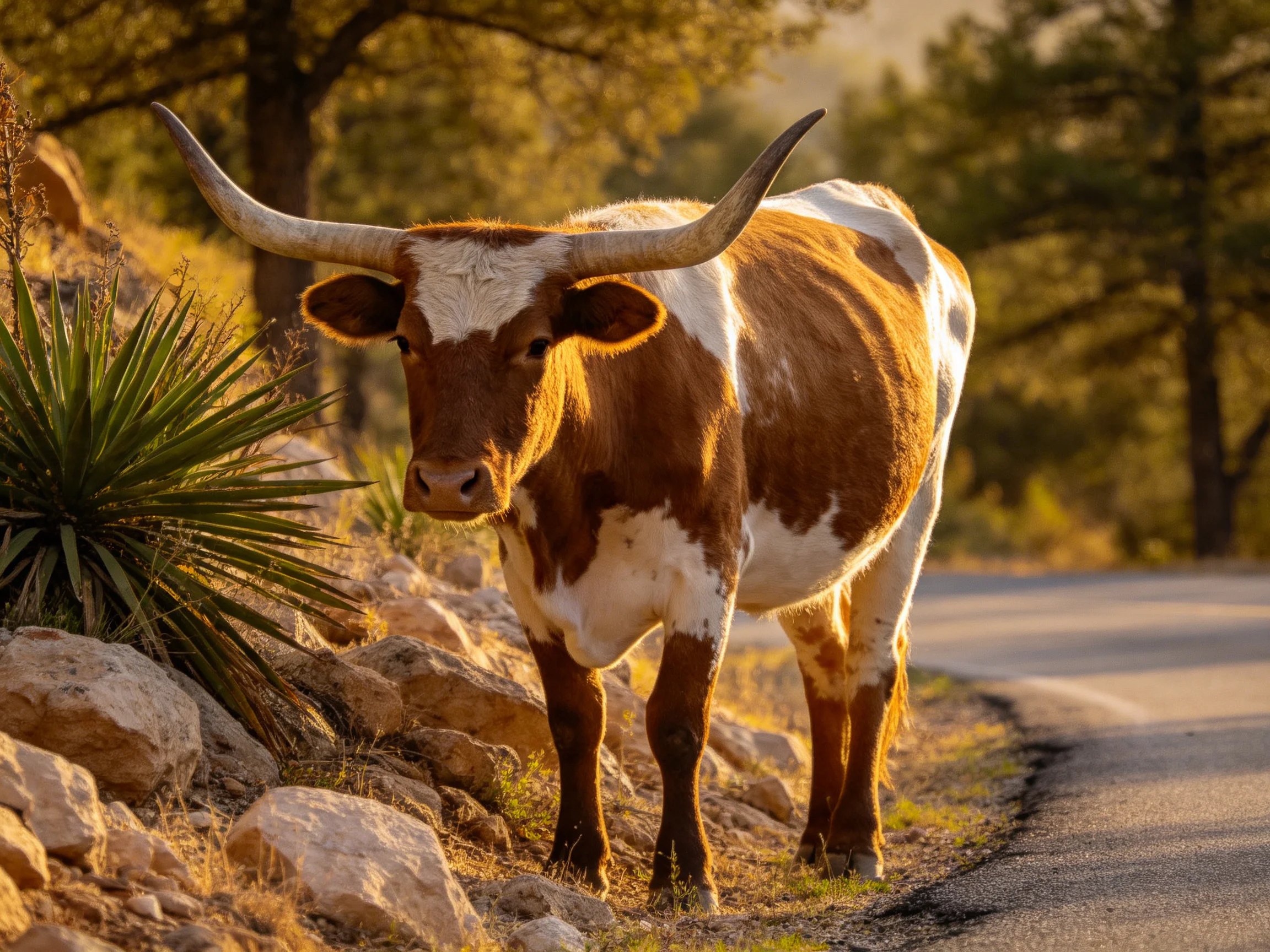 A brown and white longhorn cow near a rocky roadside with trees