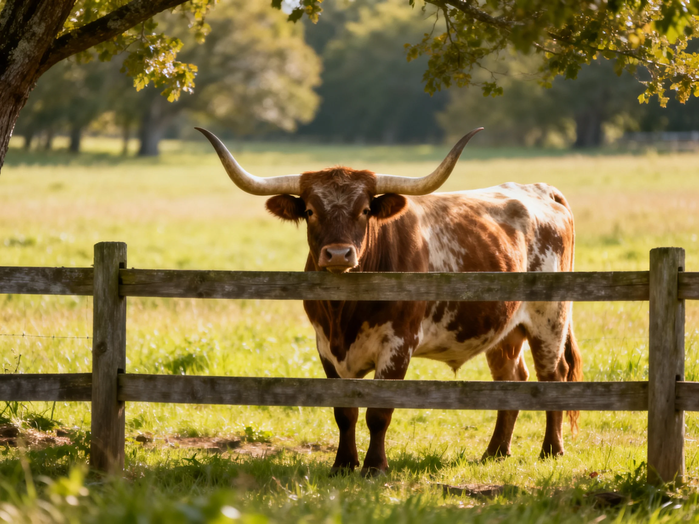 A longhorn cow stands behind a wooden fence in a sunlit pasture.