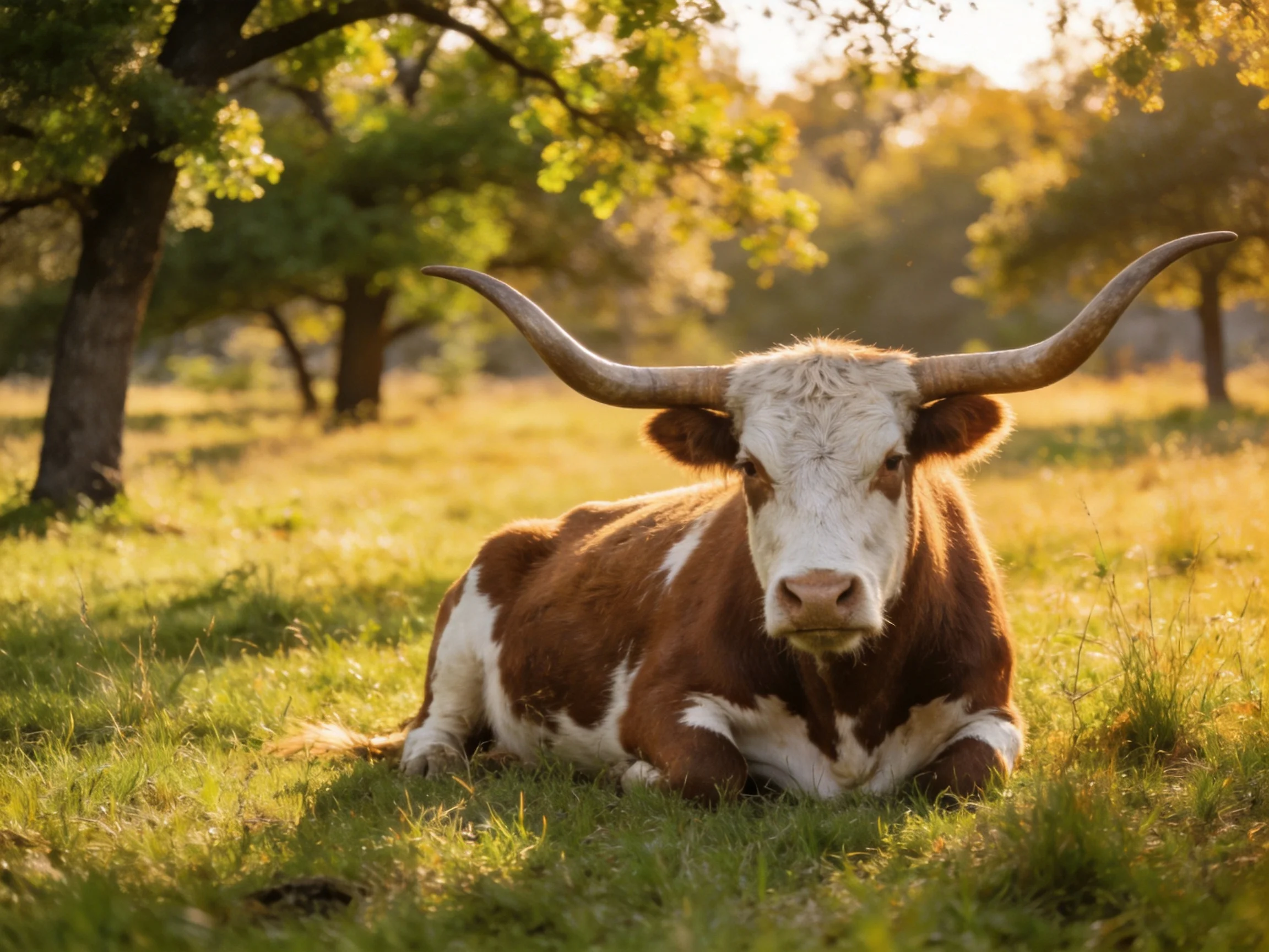 A brown and white longhorn cow rests in a sunlit meadow with trees nearby.