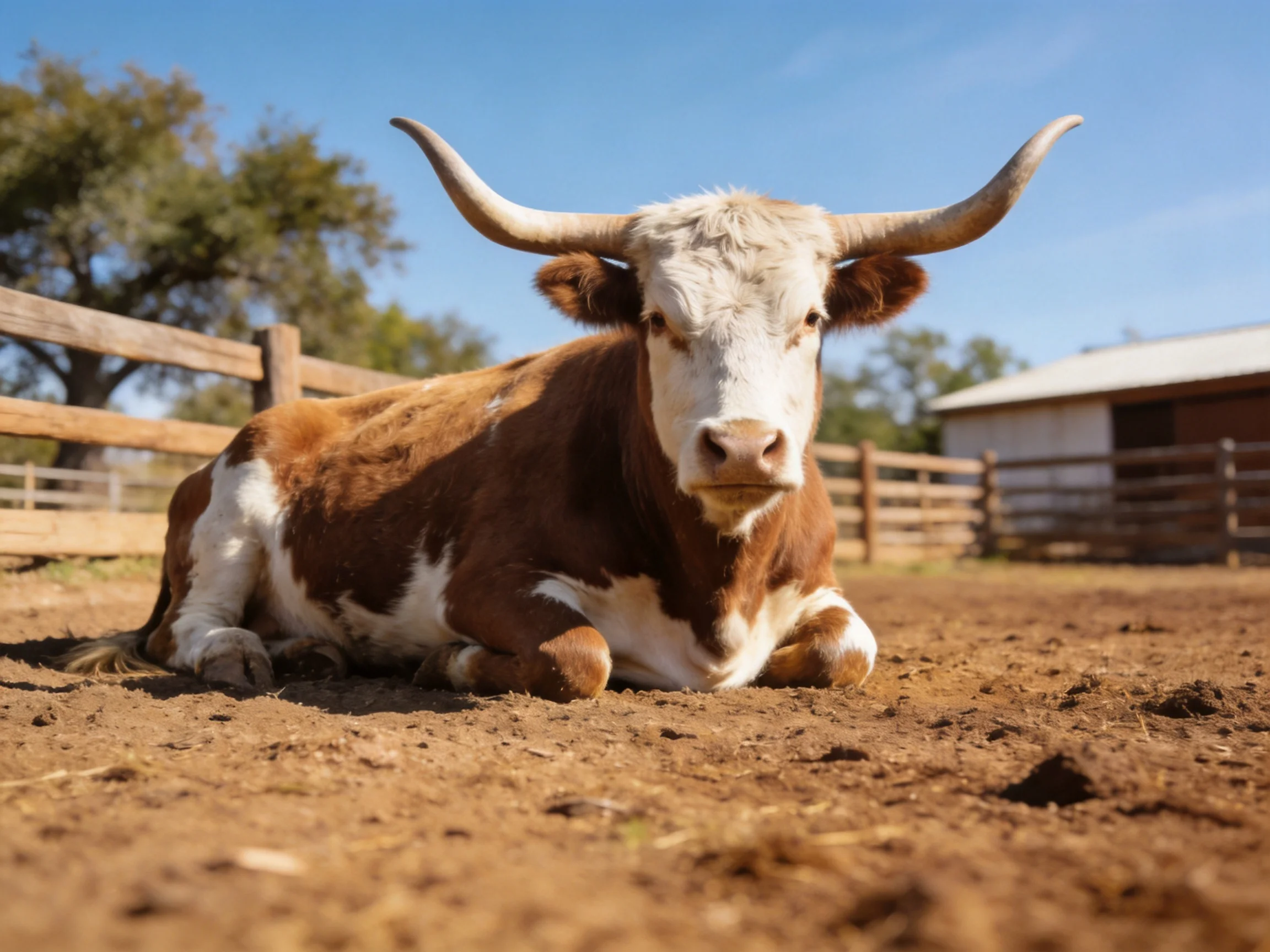 A brown and white longhorn cow resting in a sunny farm enclosure