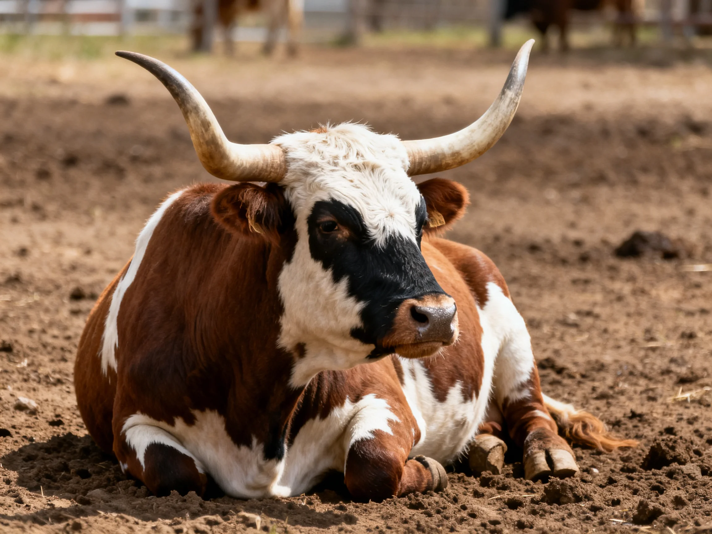 A brown and white longhorn cow resting on dusty ground