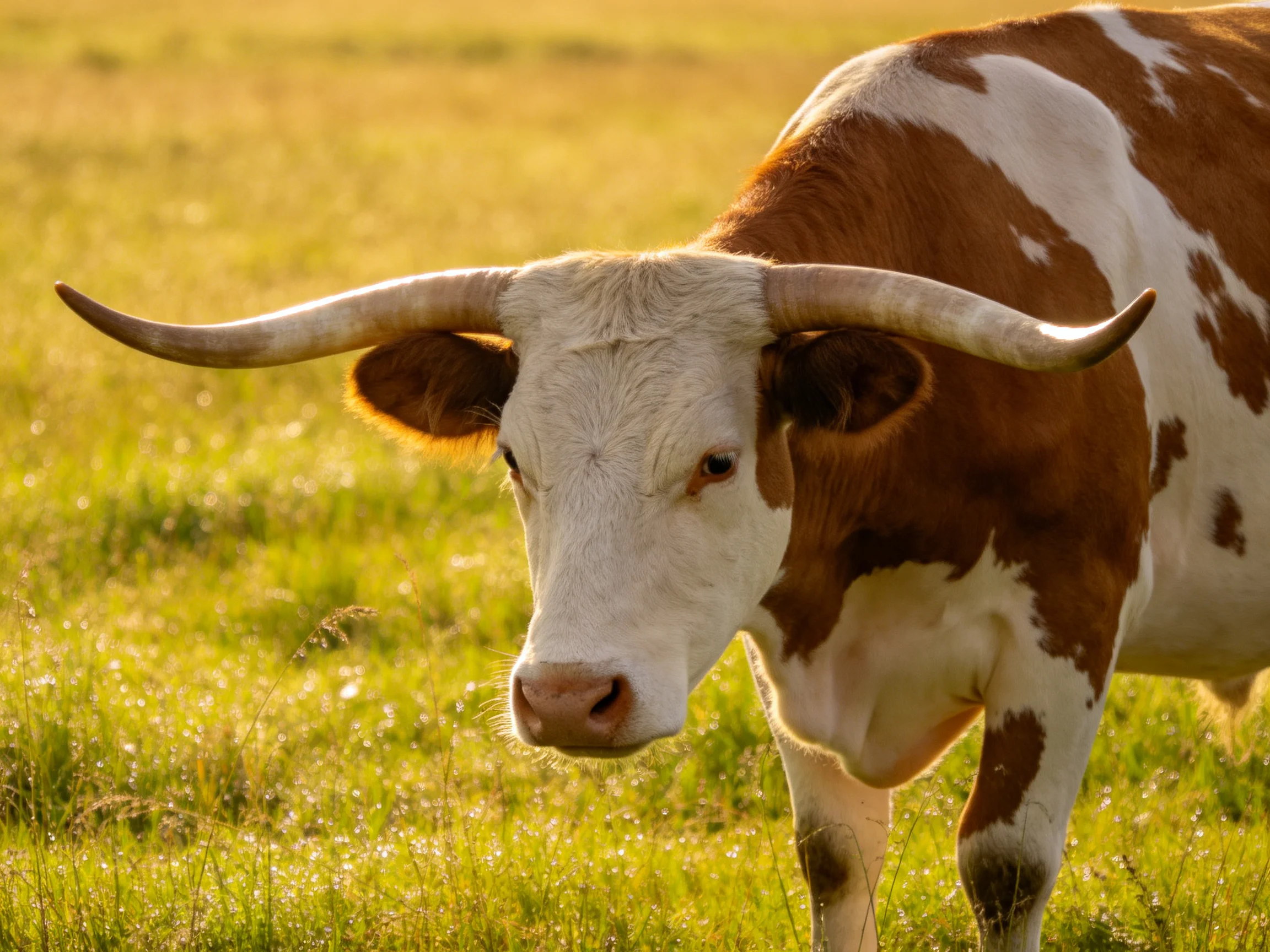 A brown and white longhorn cow stands in a golden grassy field