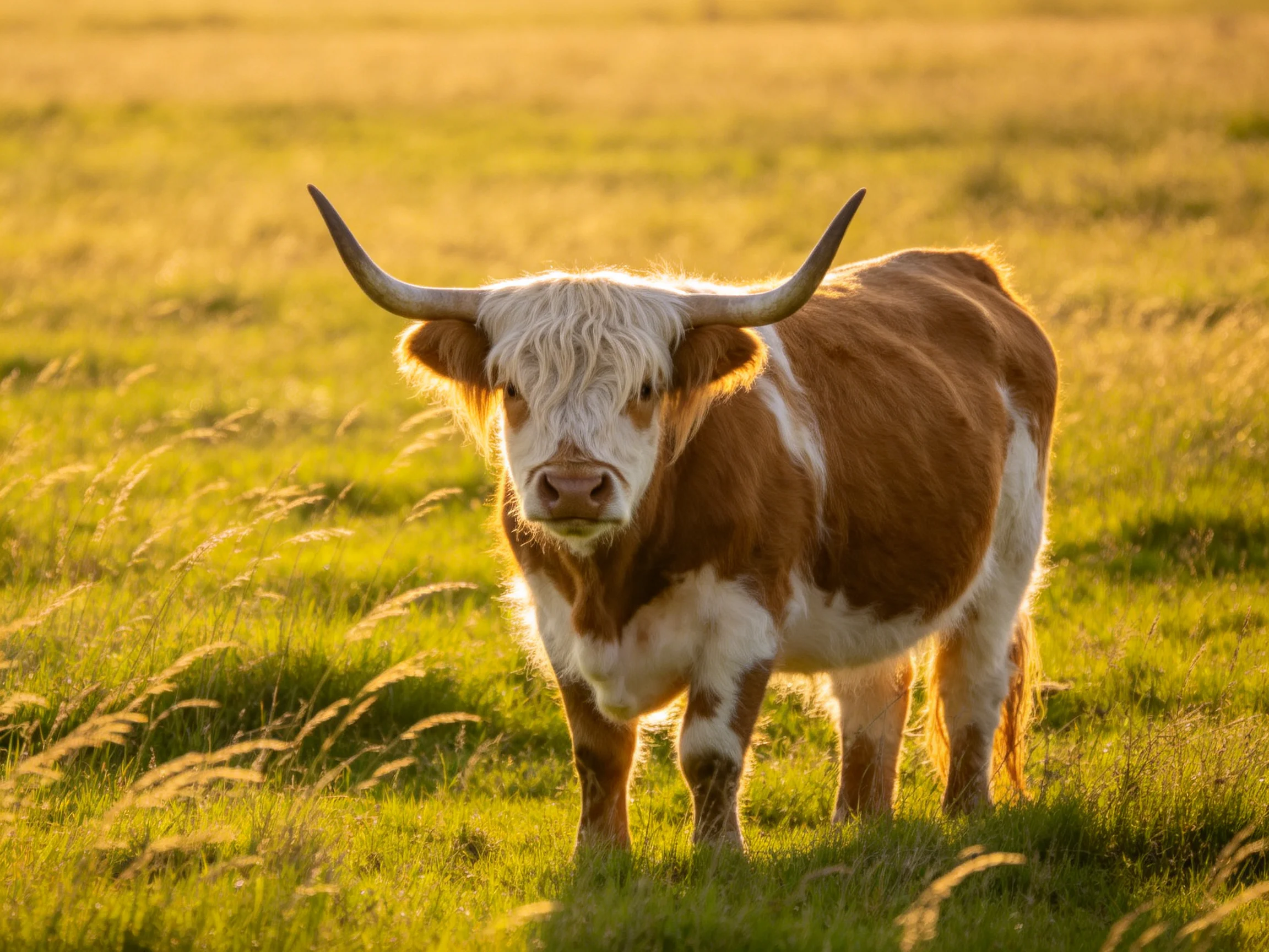 A brown and white longhorn cow stands in sunlit grassy field