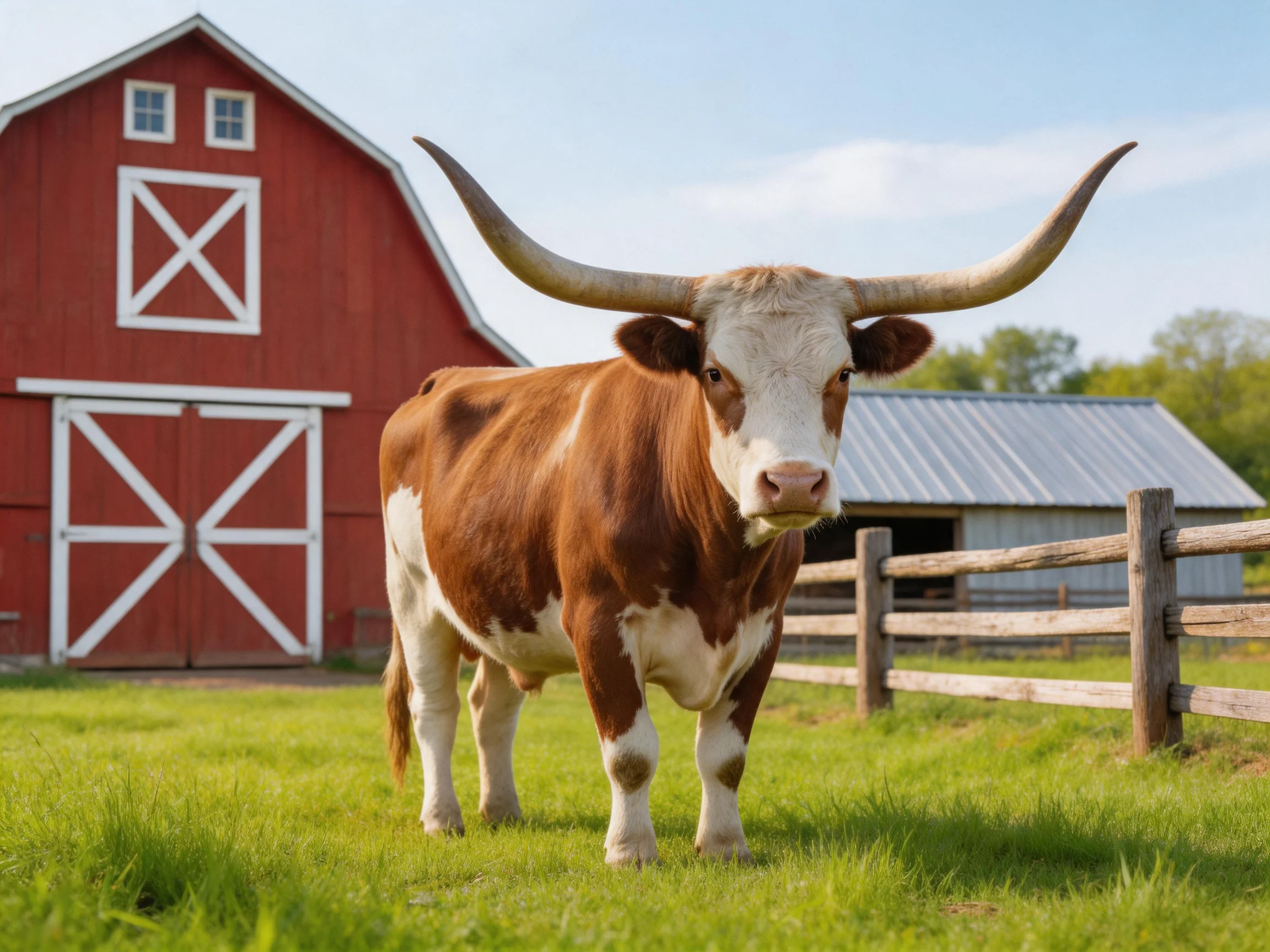 A brown and white longhorn cow stands near a red barn with wooden fencing