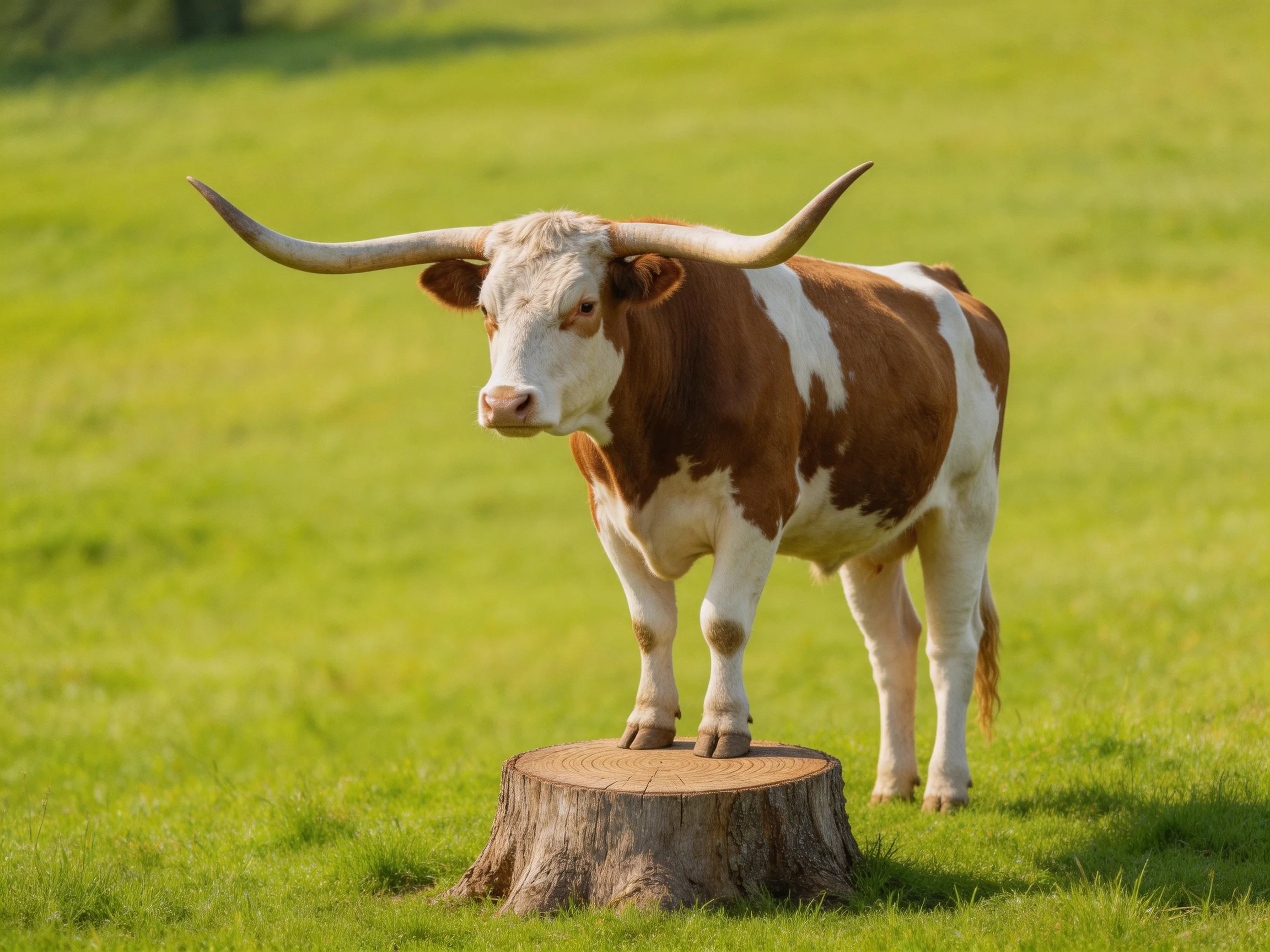 A brown and white longhorn cow stands on a wooden stump in a green field