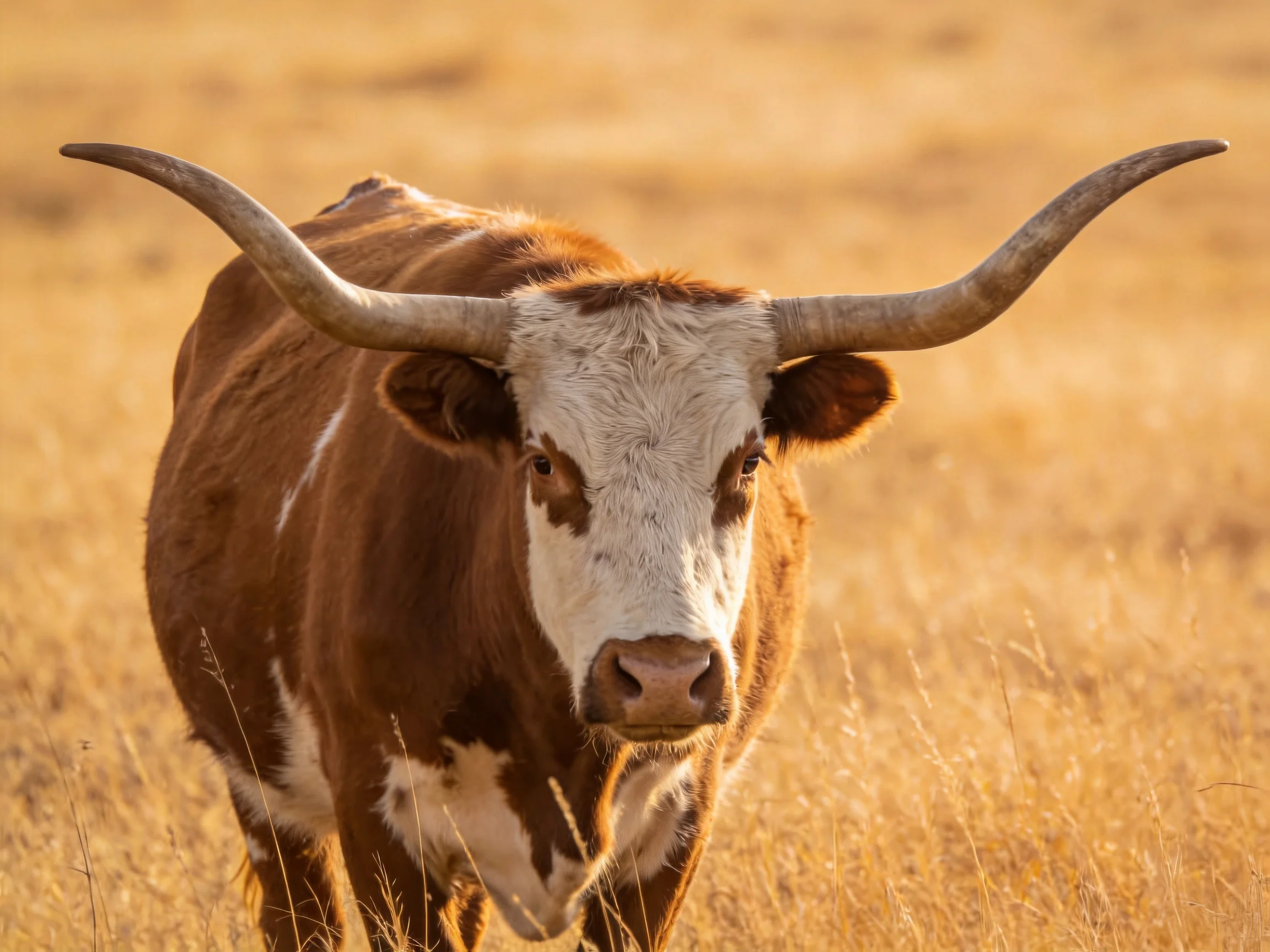 A brown and white longhorn cow with large curved horns in a golden field
