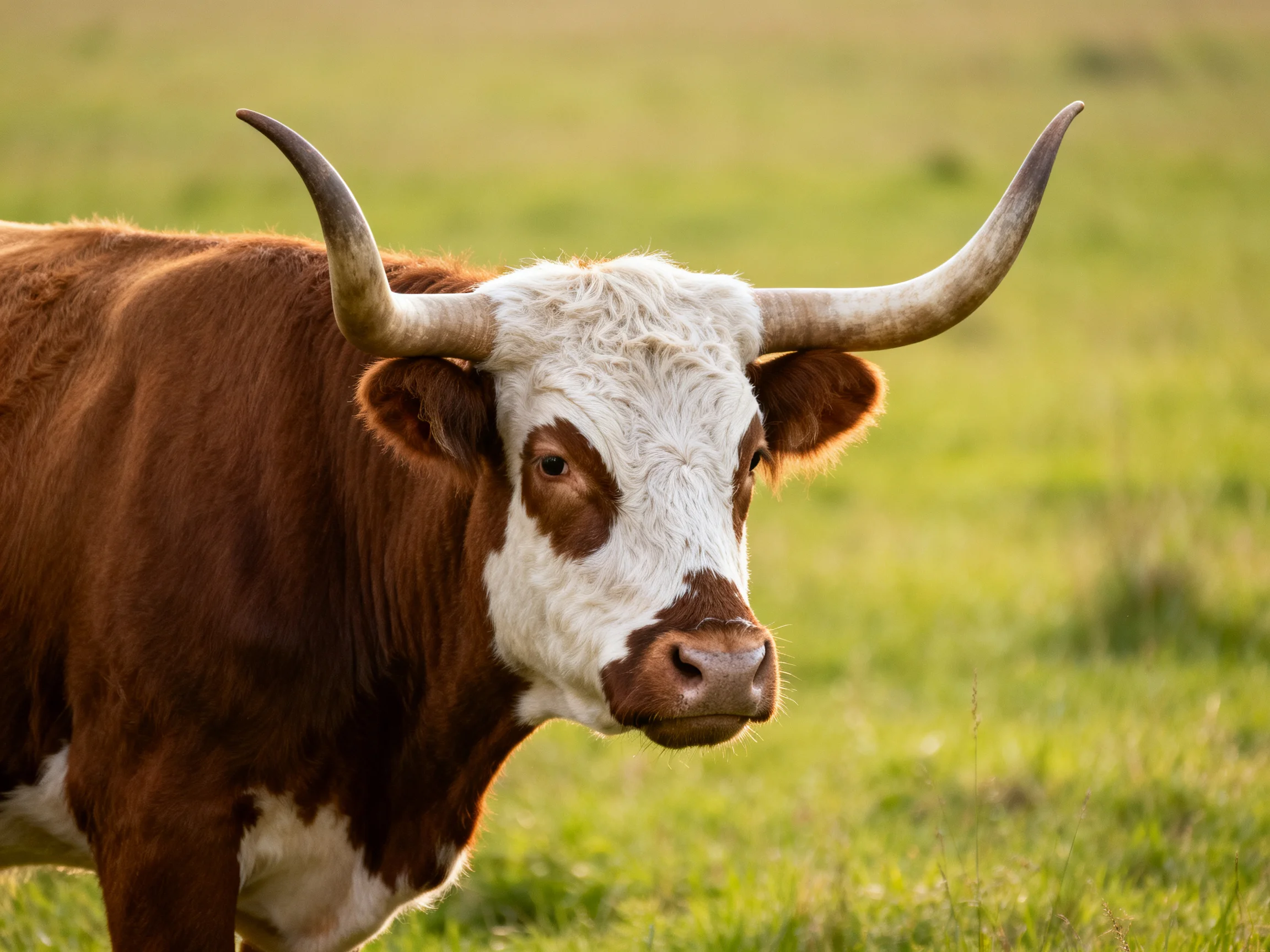 A brown and white longhorn cow with large curved horns in a sunlit green pasture