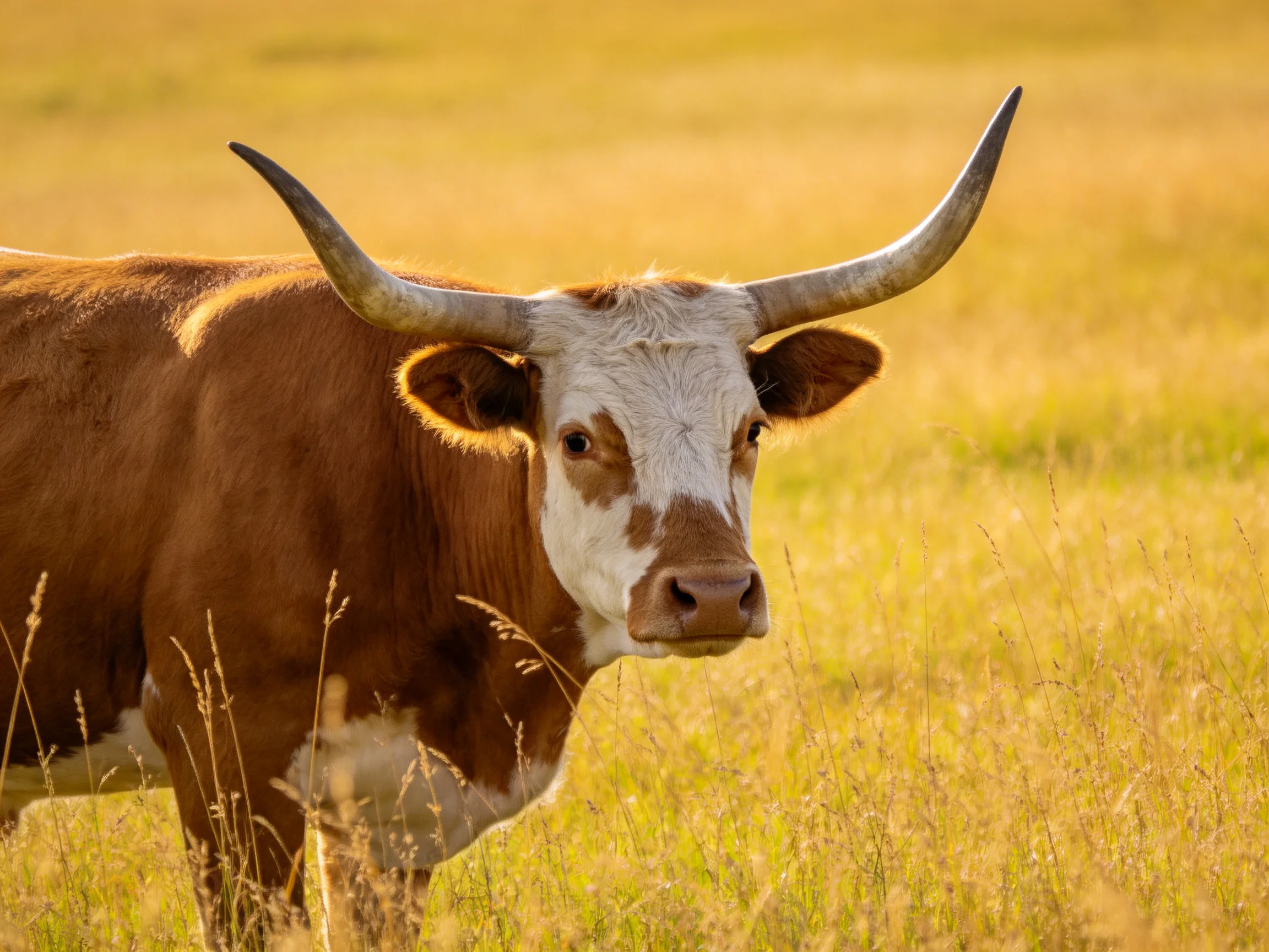 A brown and white longhorn cow with large curved horns in golden grassland