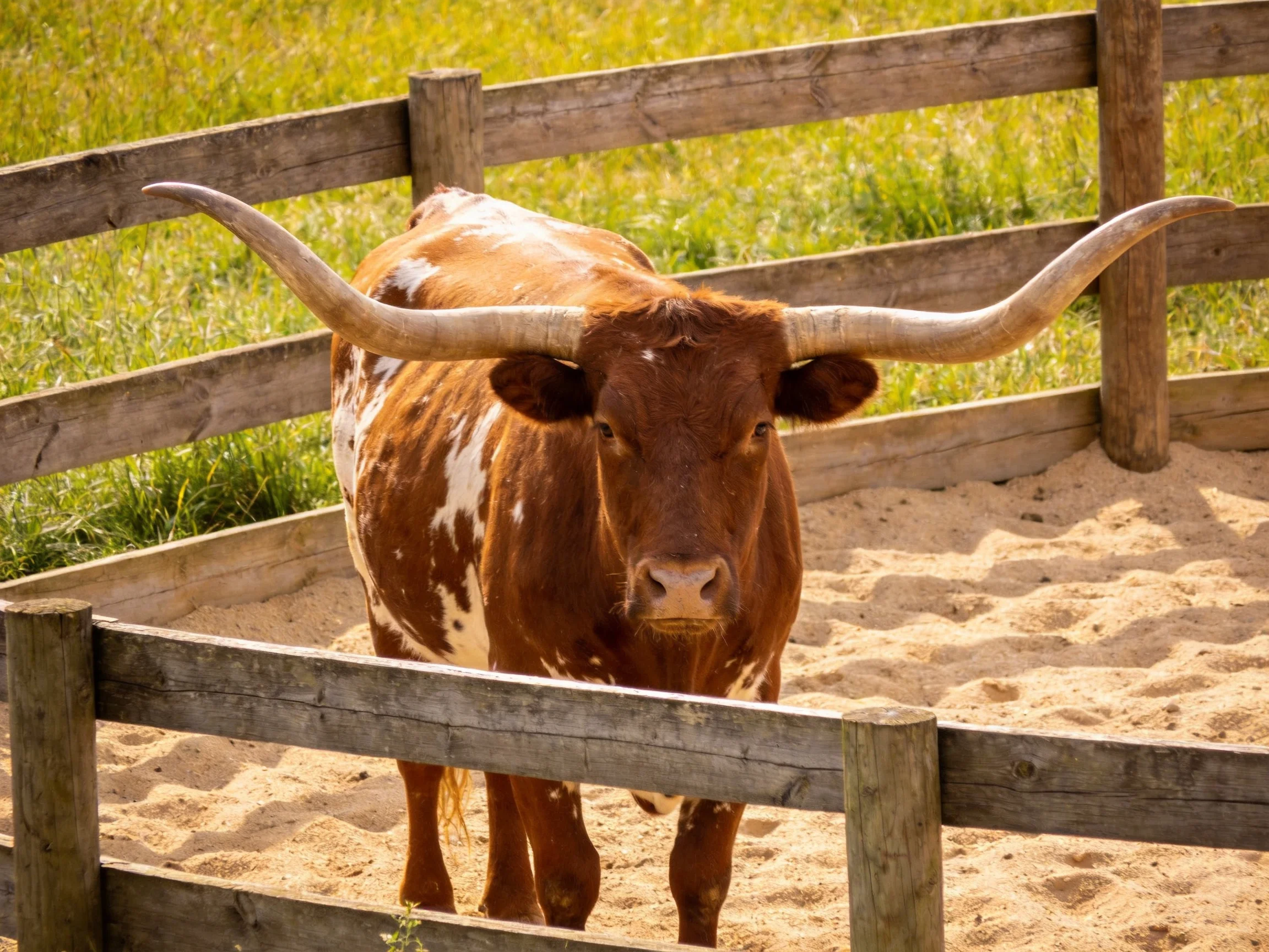 A brown and white longhorn cow with large horns in a wooden enclosure