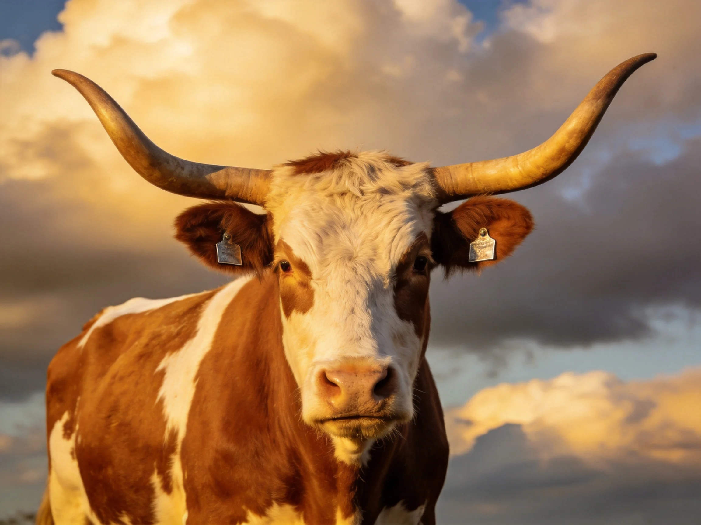 A brown and white longhorn cow with prominent curved horns under a cloudy sky