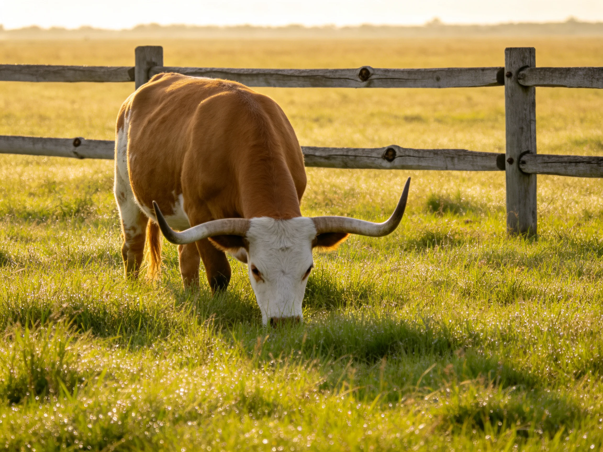 A brown and white longhorn grazing near a wooden fence in golden grass
