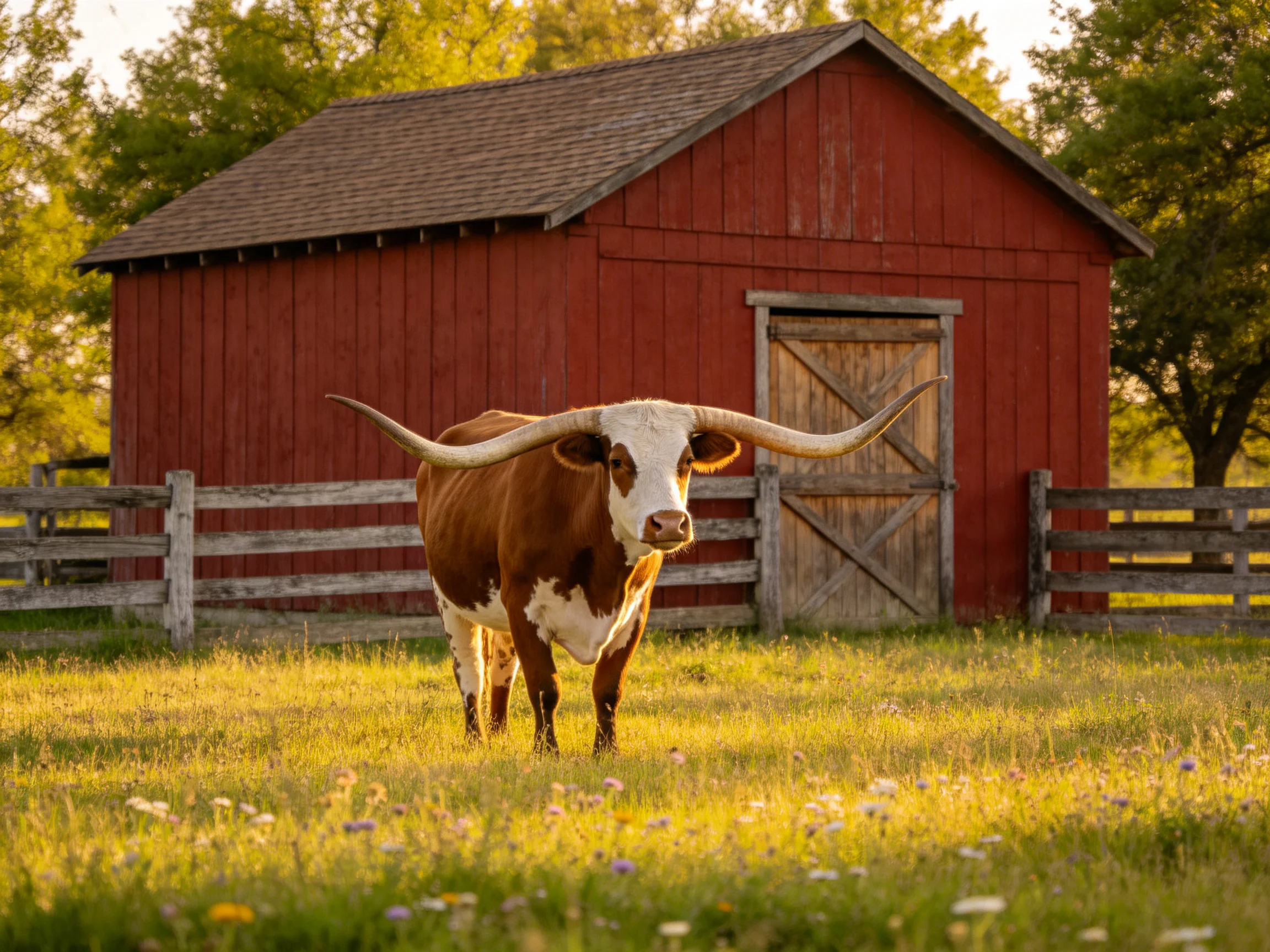 A brown and white longhorn stands before a red wooden barn in a sunlit meadow