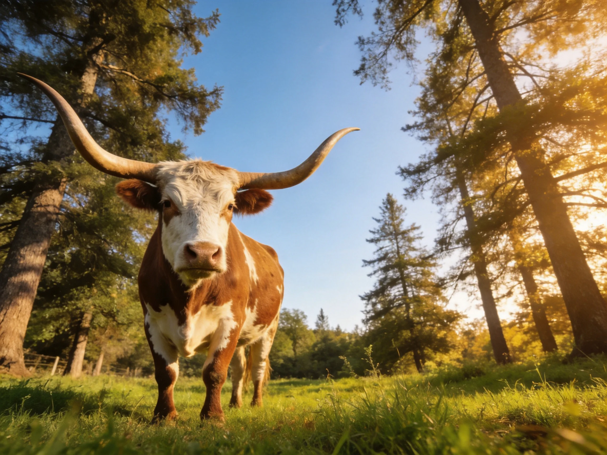 A brown-and-white longhorn stands in a sunlit forest clearing