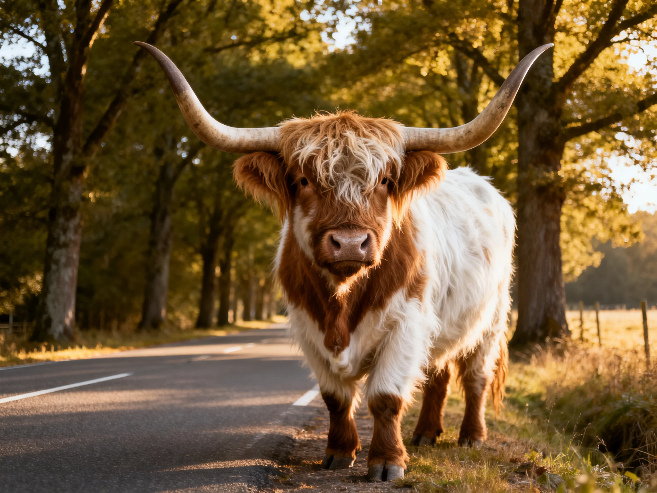 A brown and white longhorn stands on a tree-lined country road
