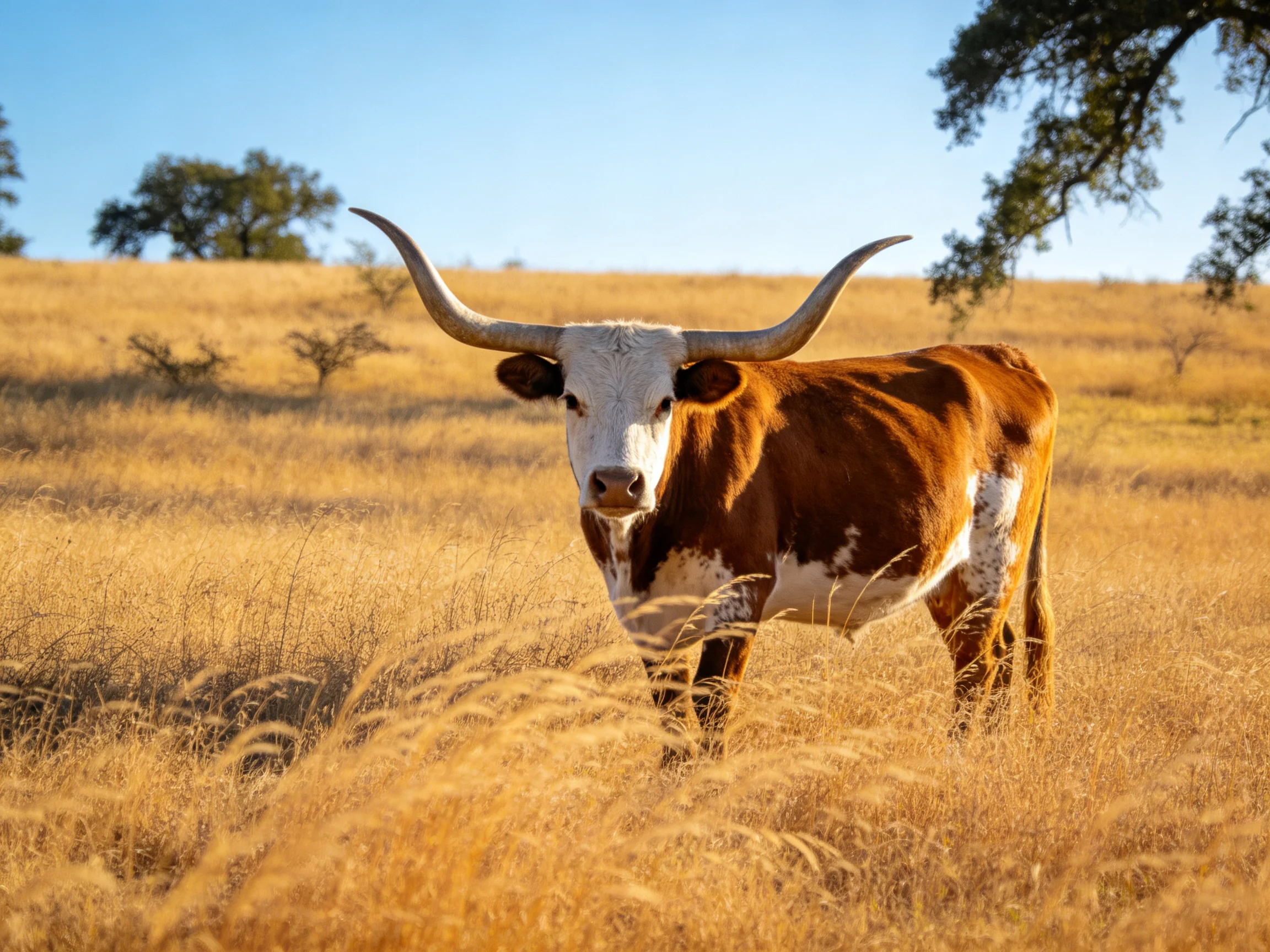 A brown and white longhorn with large horns in a golden grassy field
