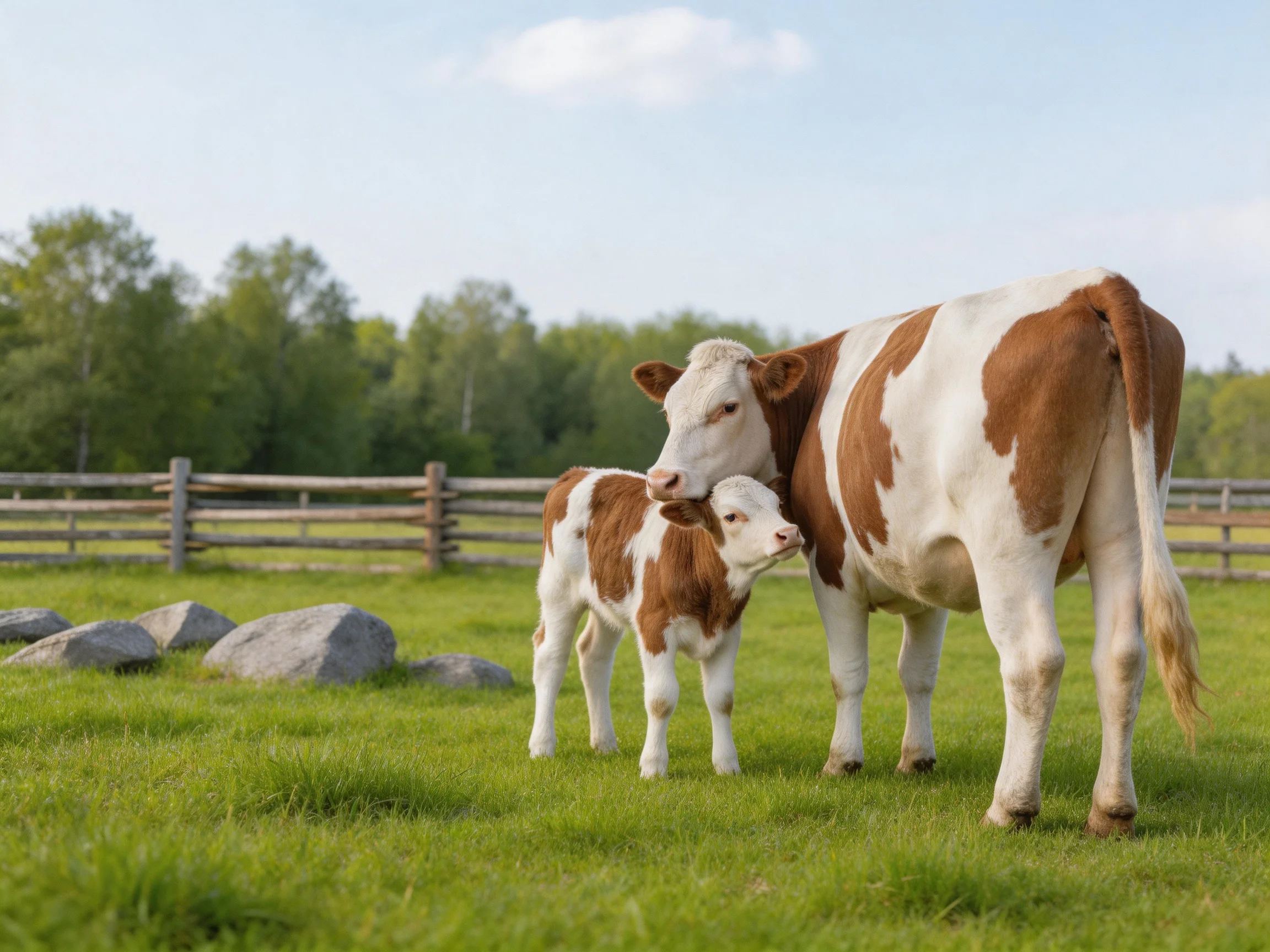 A brown-and-white mother cow and her spotted calf stand in a green pasture near rocks and a wooden fe