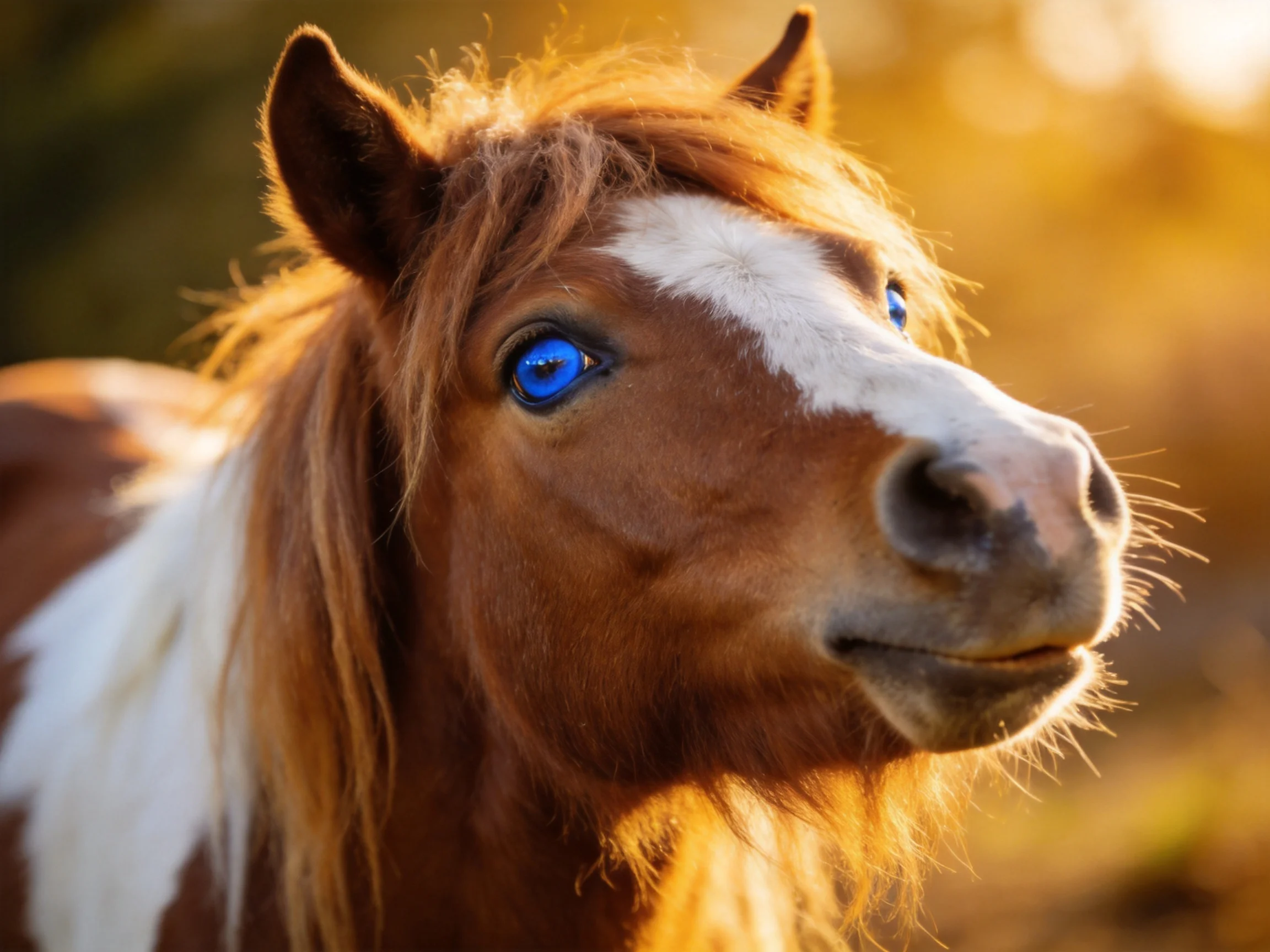 A brown and white pony with striking blue eyes in golden light