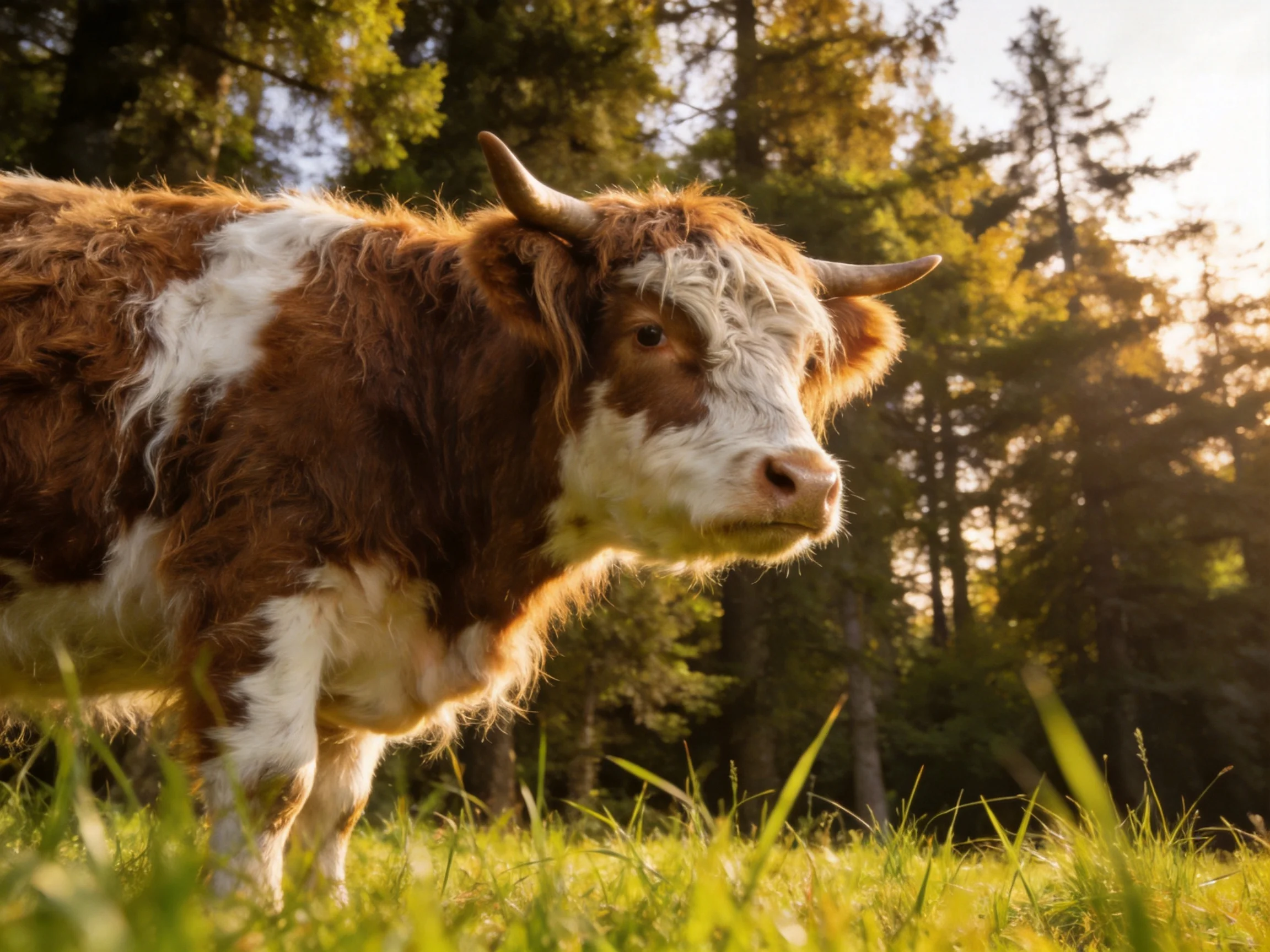 A brown and white shaggy cow in a sunlit forest clearing