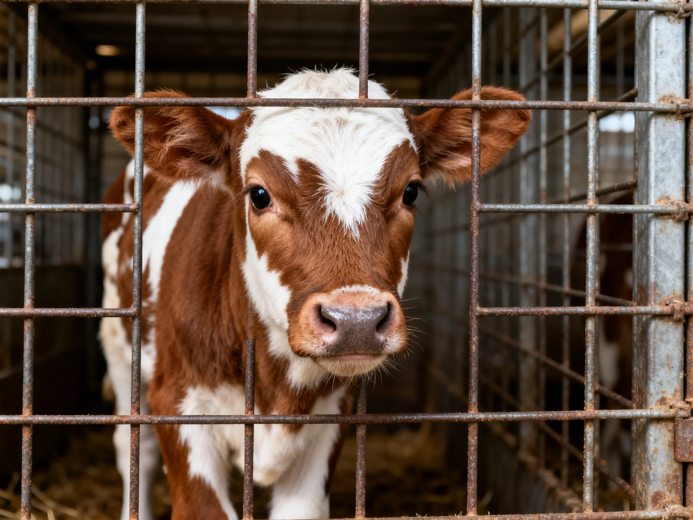 A young brown and white calf is enclosed within a metal cage.