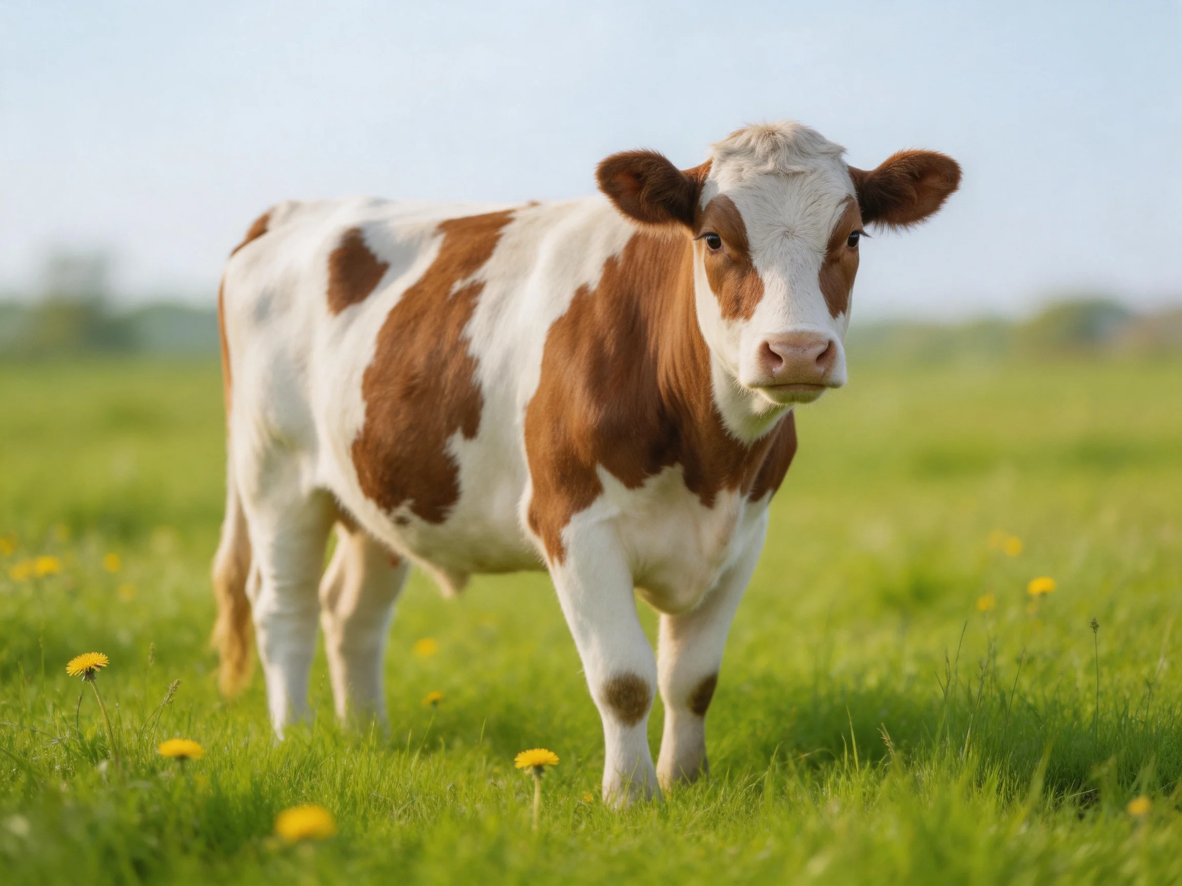 A brown and white spotted calf in a sun-dappled green meadow with yellow blooms