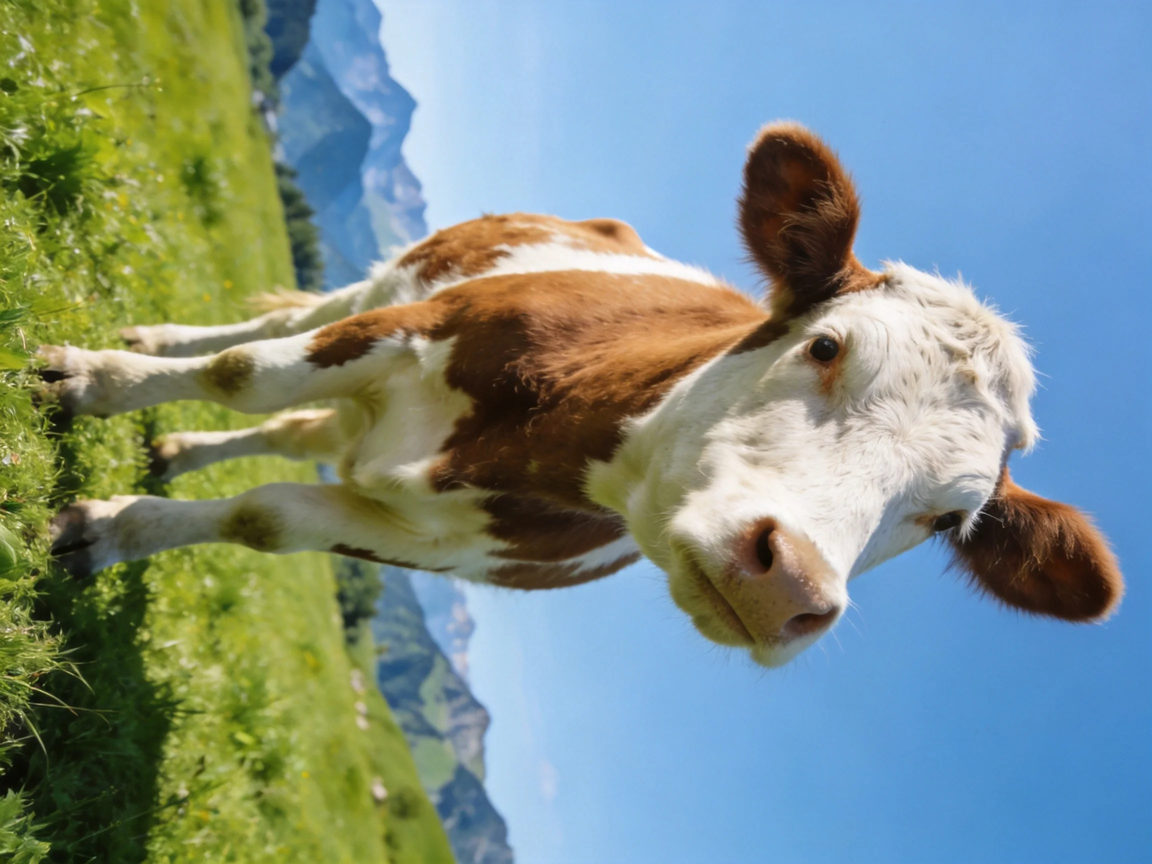 A brown and white spotted calf in a sun-drenched meadow with mountain backdrop