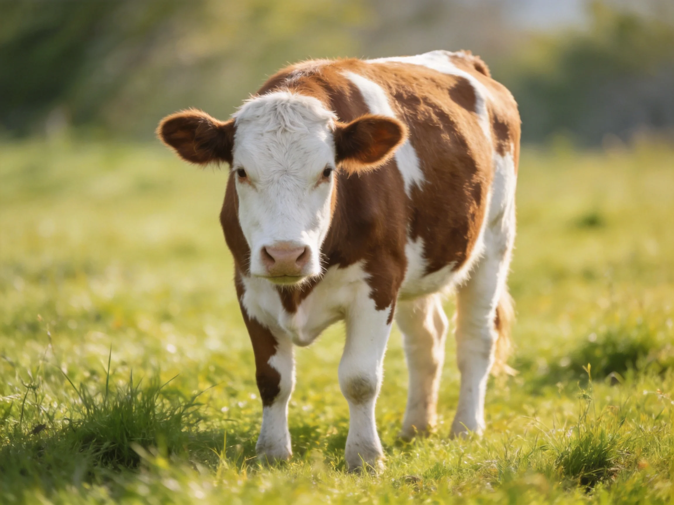 A brown and white spotted calf stands in a sunlit grassy meadow.