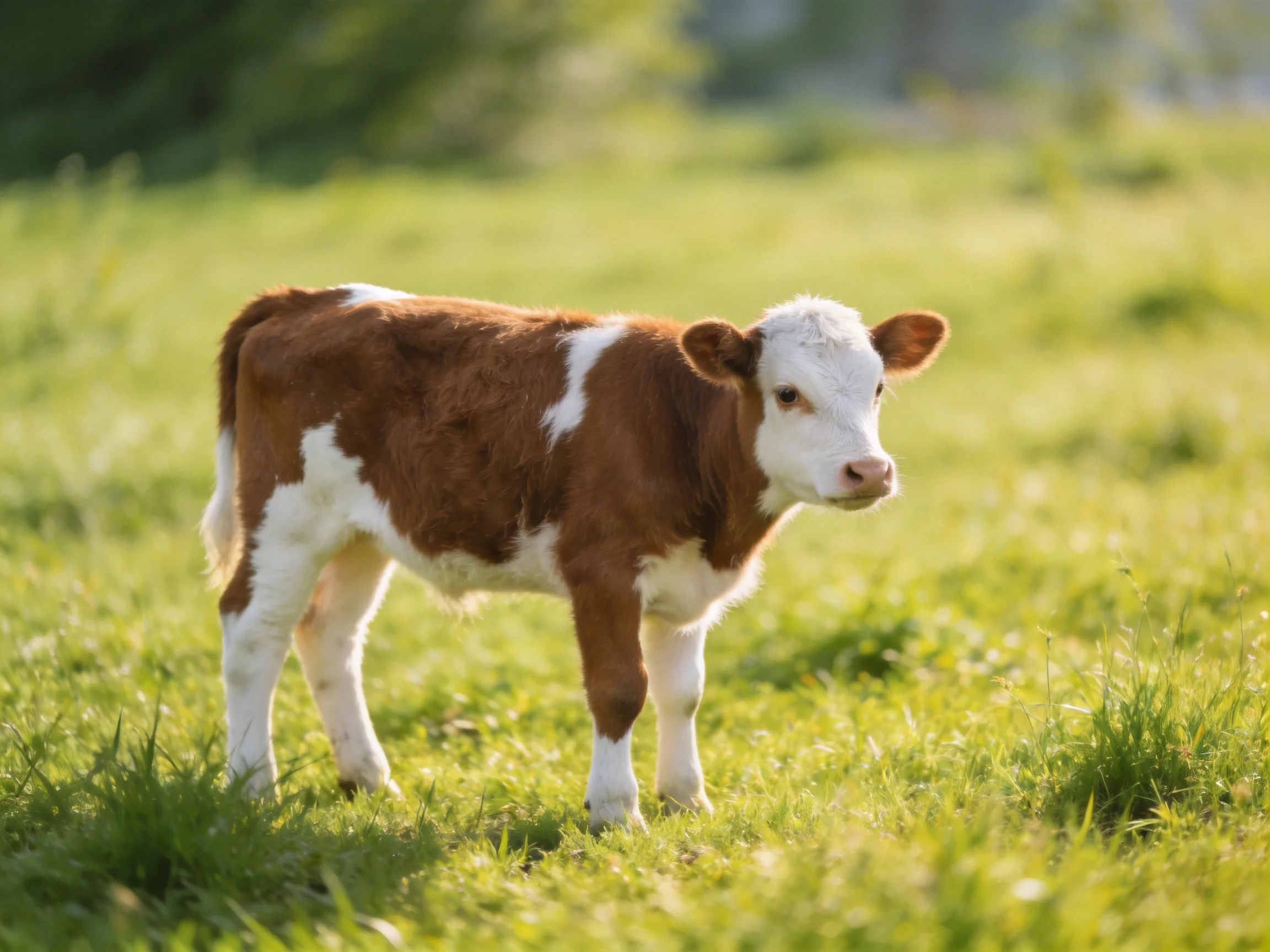 A brown and white spotted calf in a sunlit green meadow