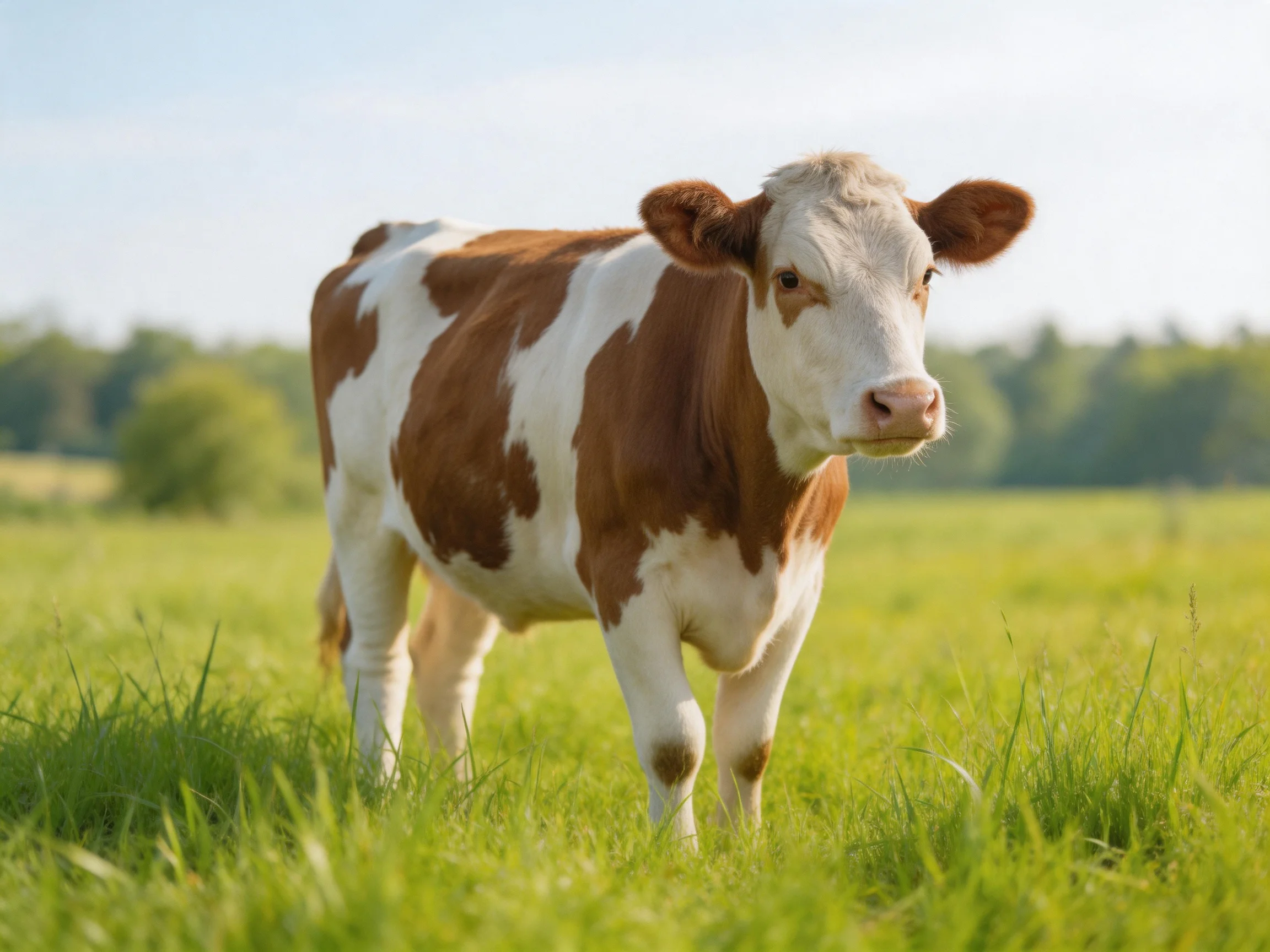 A brown and white spotted calf in a sunlit green pasture