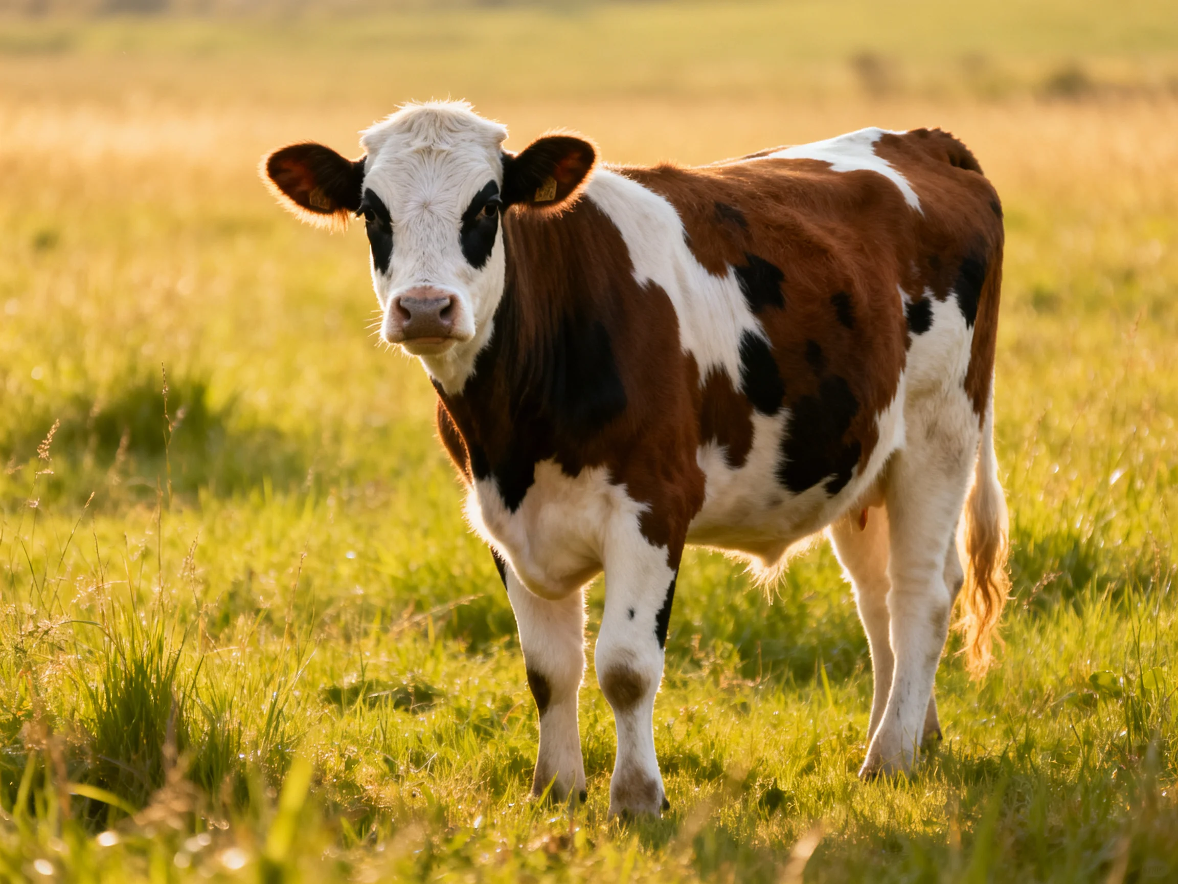 A brown and white spotted calf in a sunlit meadow