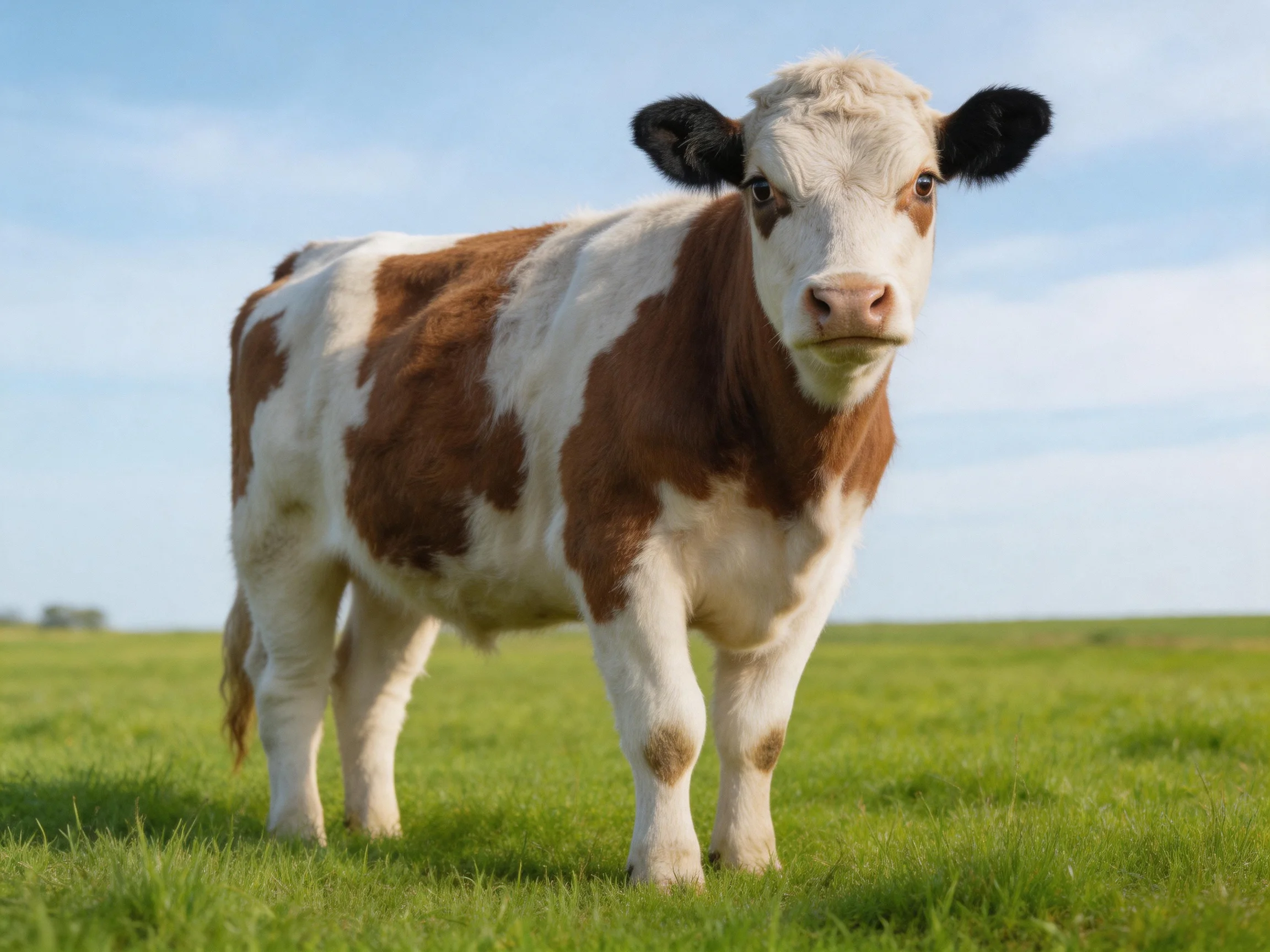 A brown and white spotted calf in a sunny green pasture