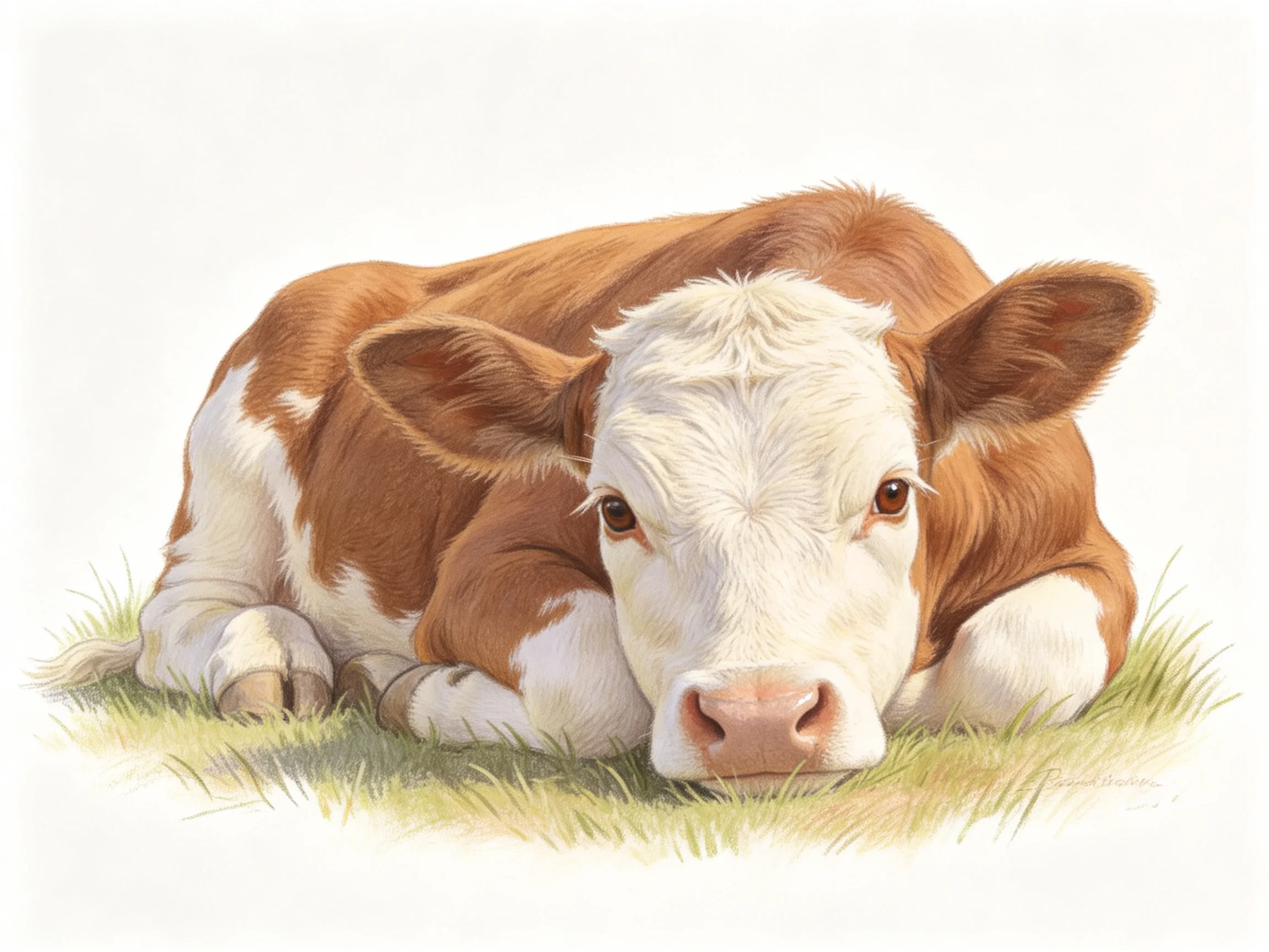 A brown and white spotted calf resting on lush green grass