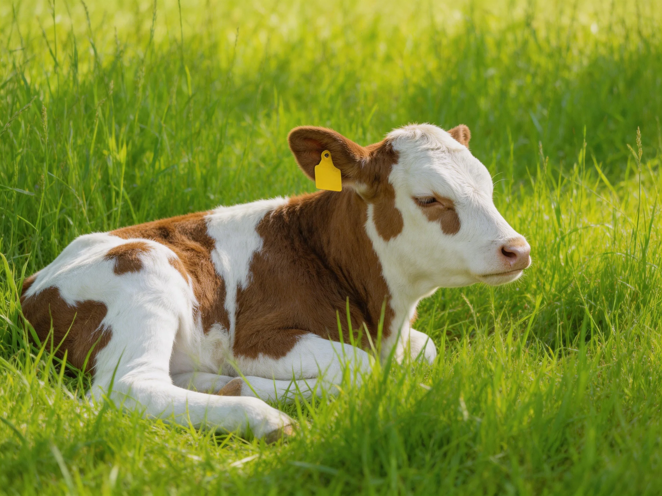 A brown and white spotted calf rests in lush green grass with an ear tag