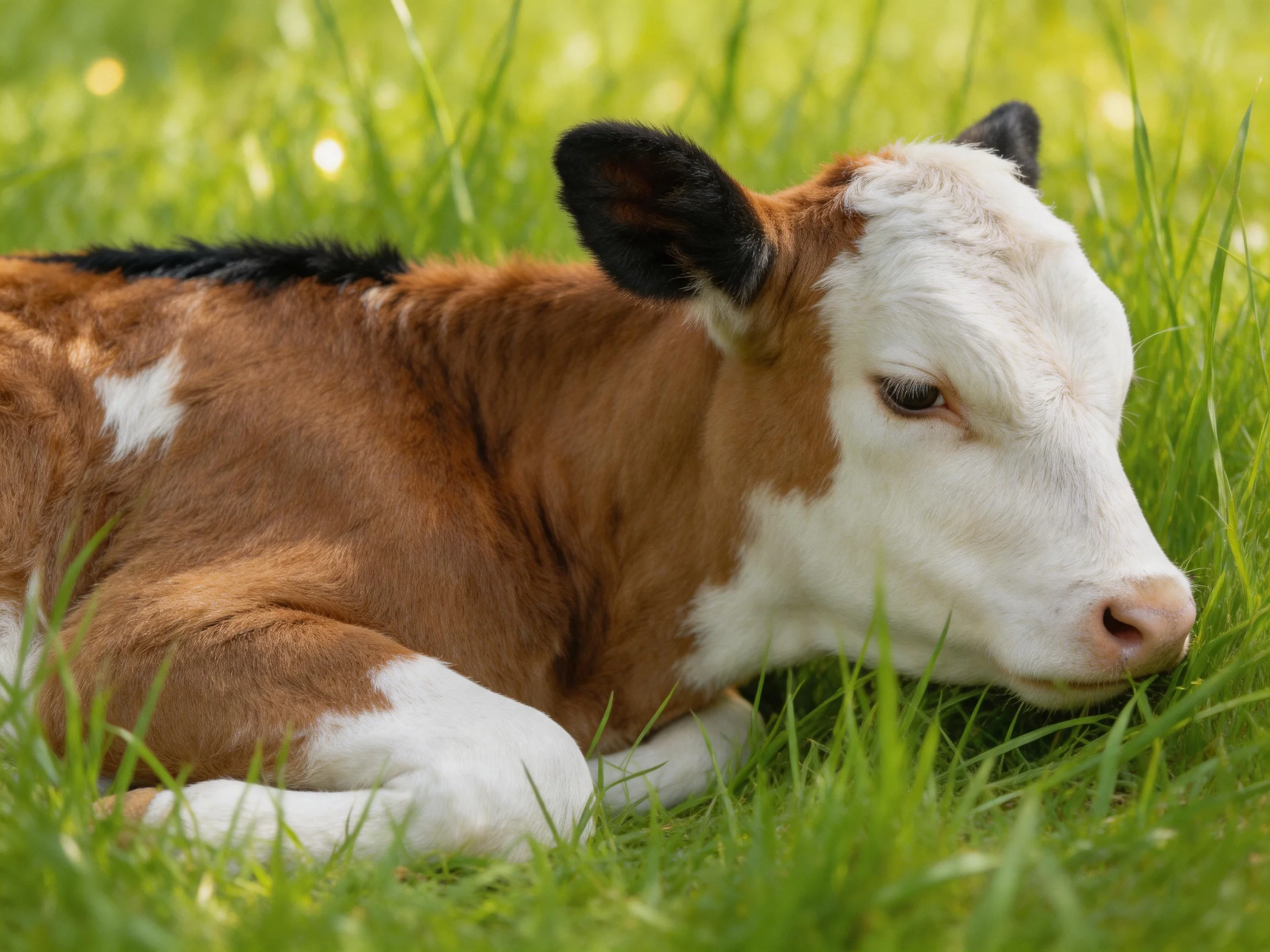 A brown and white spotted calf rests in tall green grass