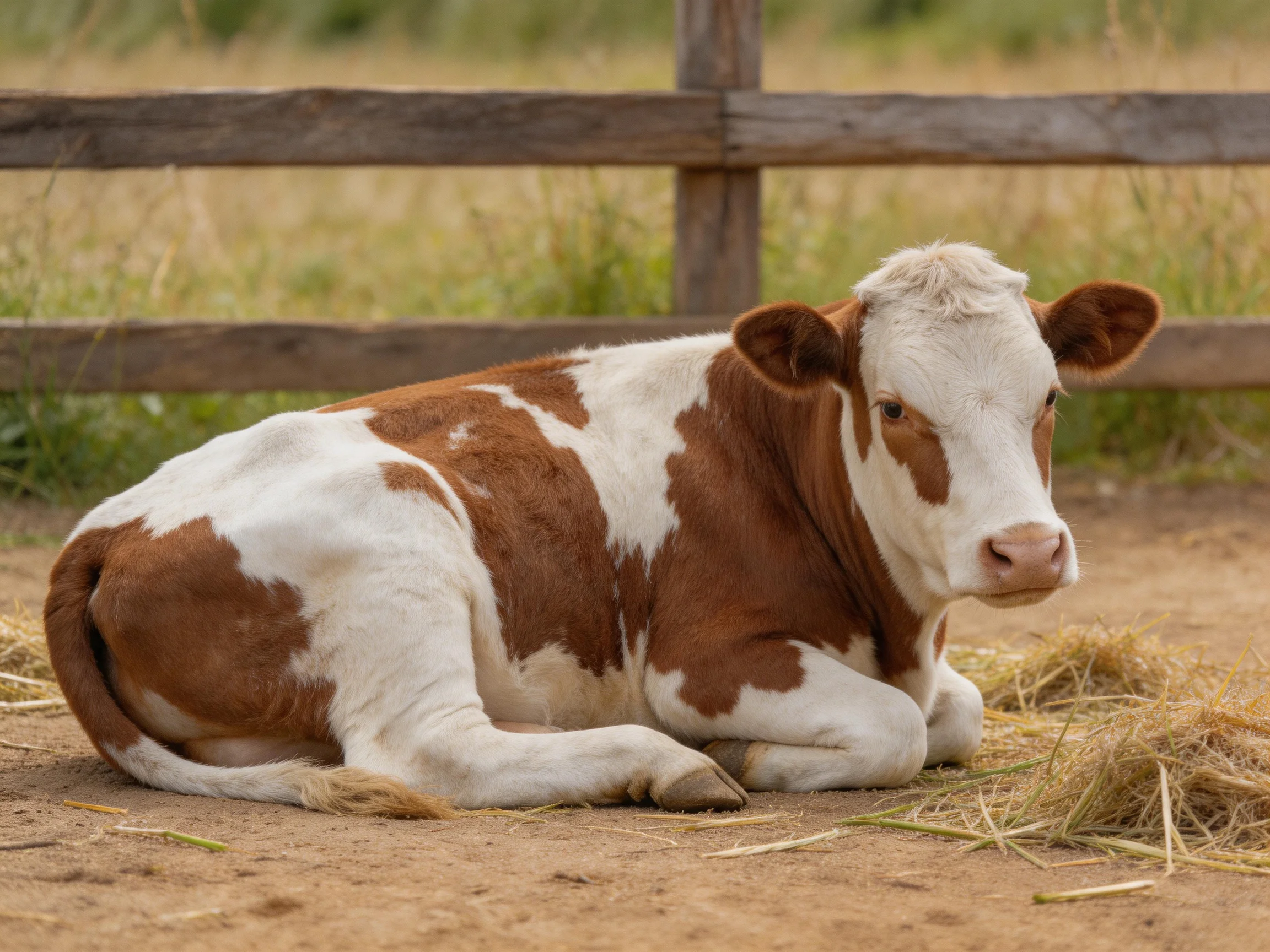 A brown and white spotted calf rests near hay by a wooden fence